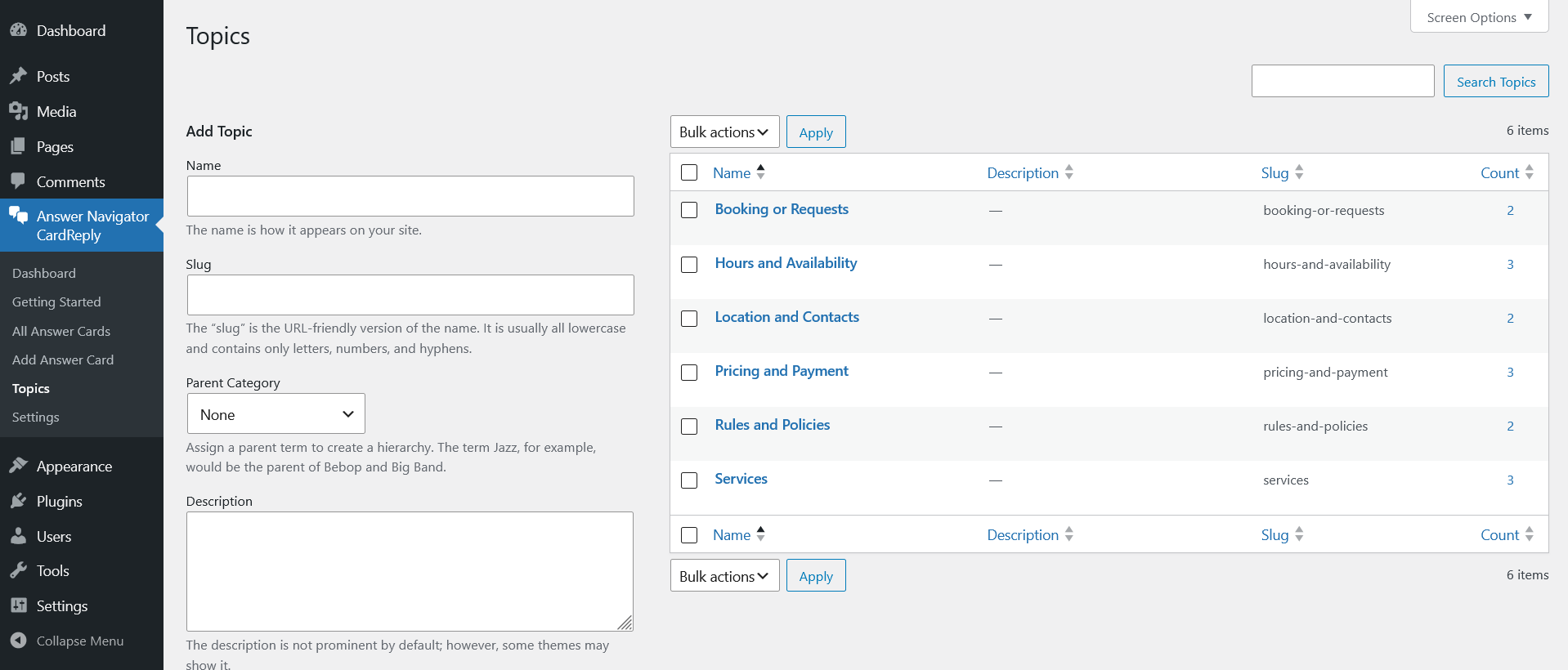 Organize answer cards with topics for clearer content management.