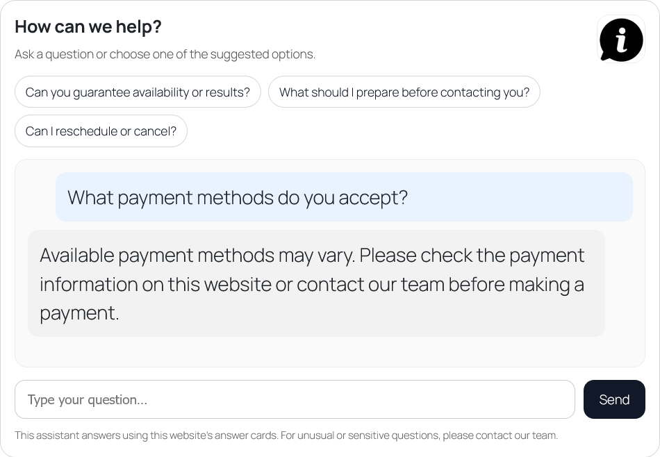 Display a clean frontend chat that answers visitors using your approved answer cards.