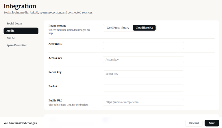 Integration settings for media and connected services (Answers Pai Pro).