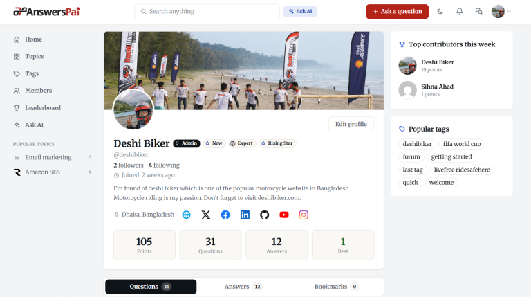 Member profile with cover, bio, points, badges, and activity tabs.
