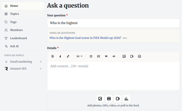 Ask a question with rich editor, media, and similar-question hints.