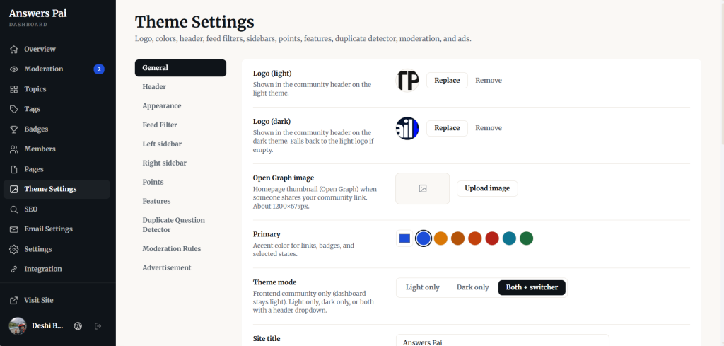 Theme settings — logos, colors, and site title.