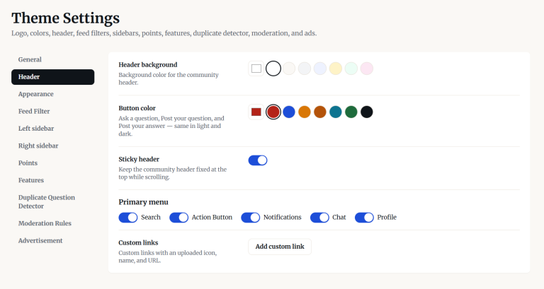 Header branding — colors, sticky header, and menu toggles.