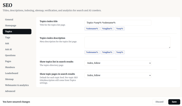 SEO titles, descriptions, and indexing controls.