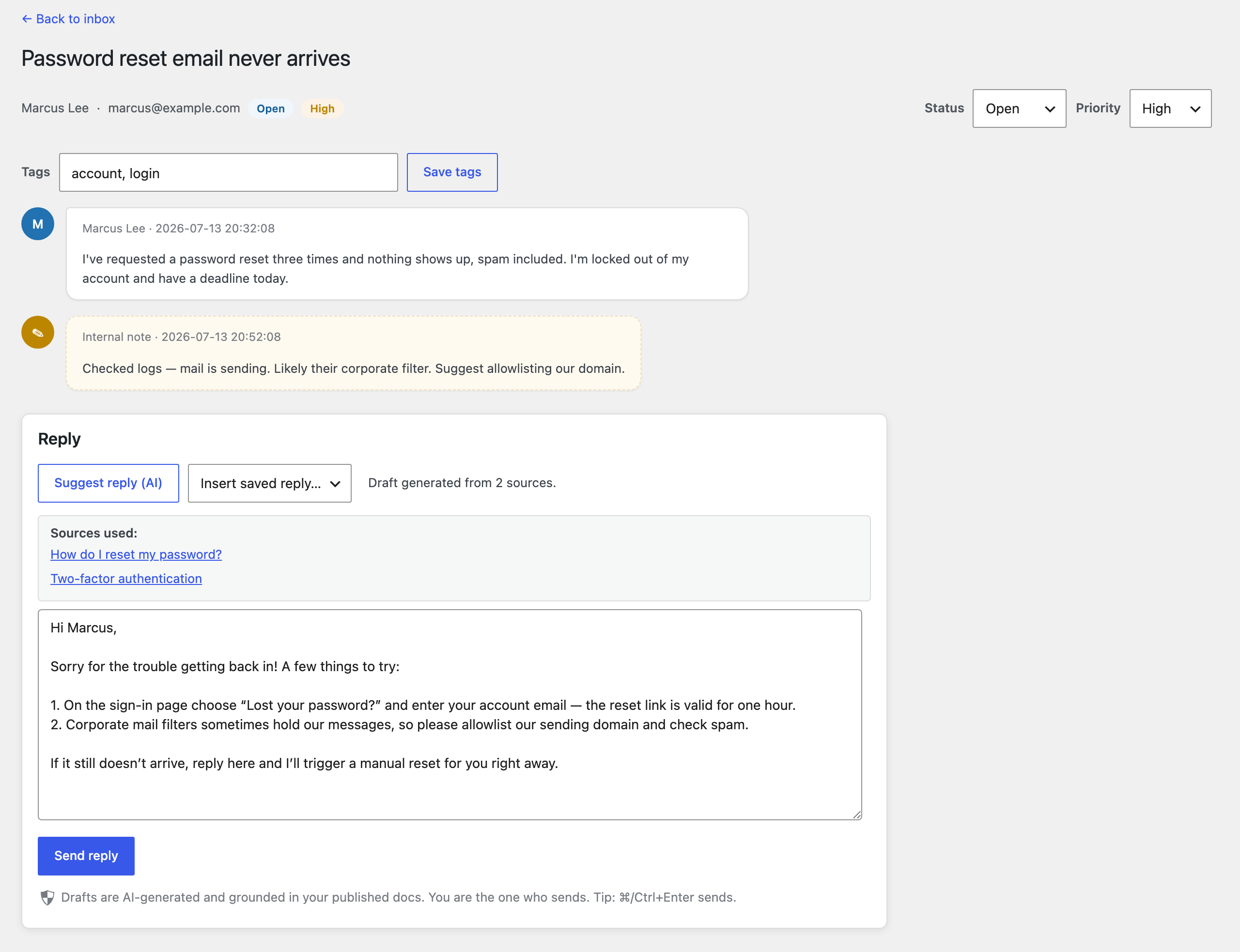 Ticket detail with AI draft-and-vet and internal notes.