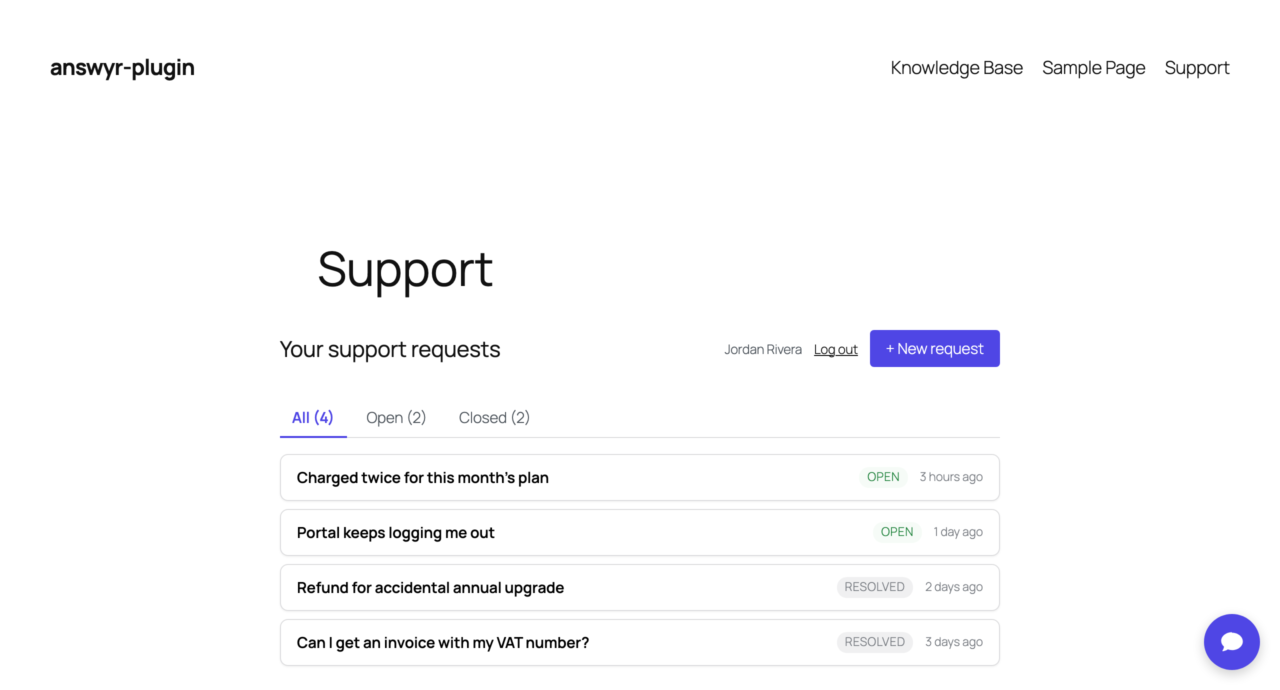 Customer portal — tickets, replies, and satisfaction rating.