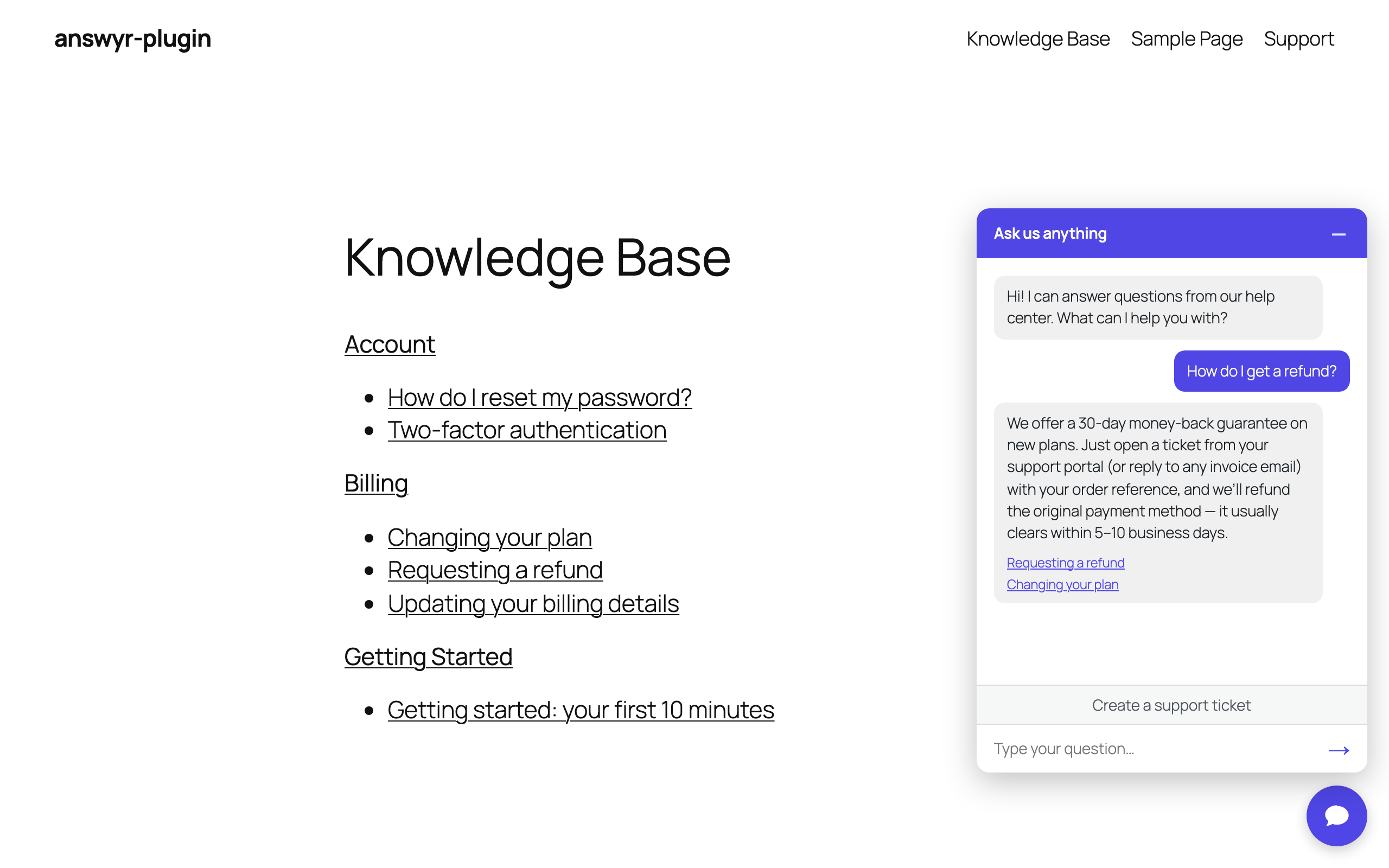 Chat deflection widget answering from the knowledge base.