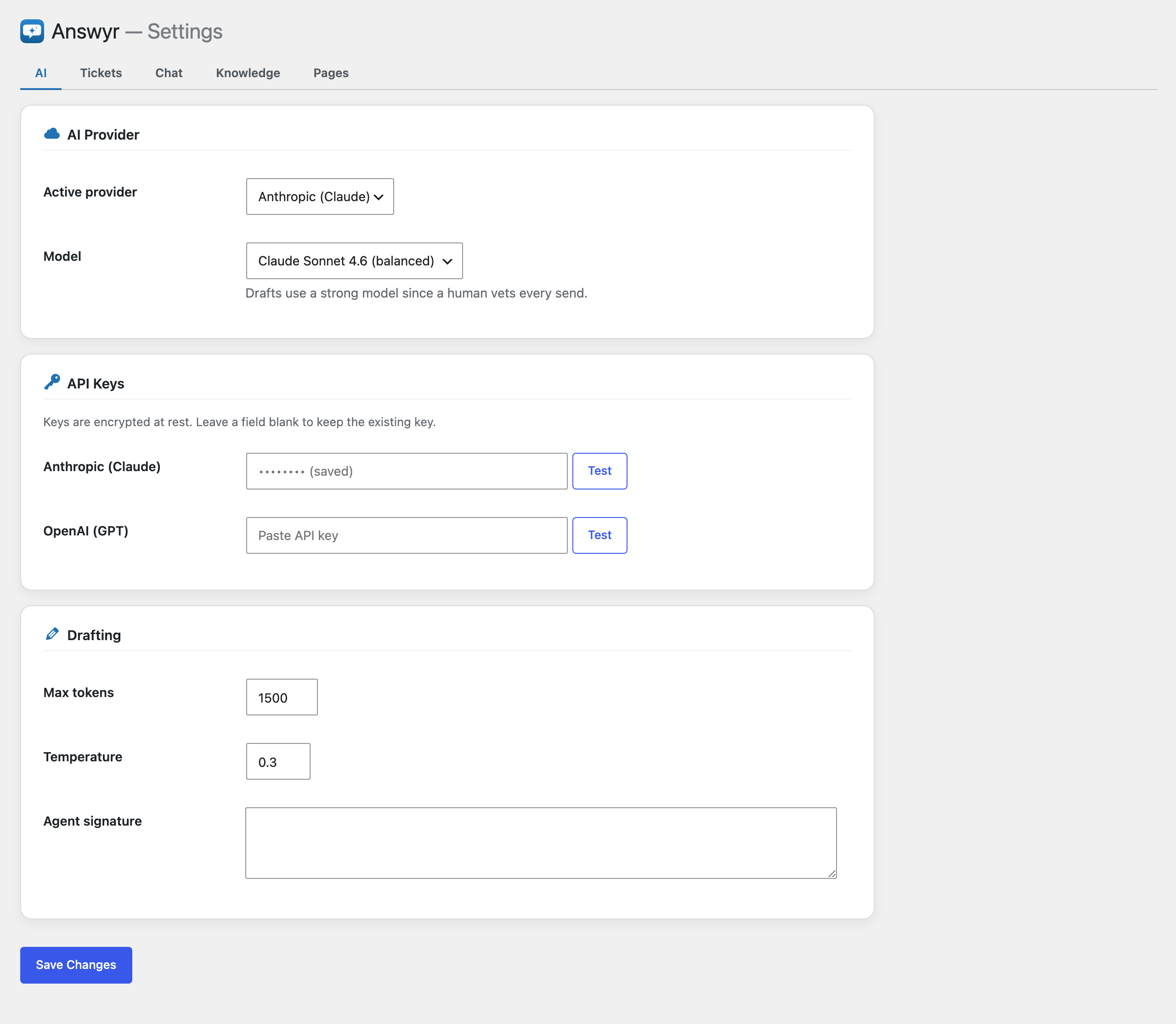 Settings — providers, chat widget, and saved replies.