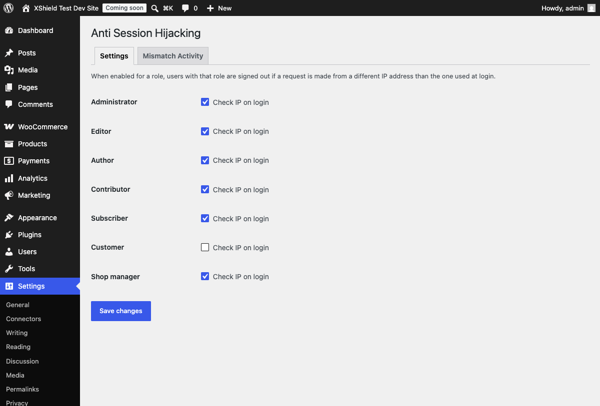 Per-role settings under Settings → Anti Session Hijacking. Every role is protected by default; untick a role to relax the check for it.