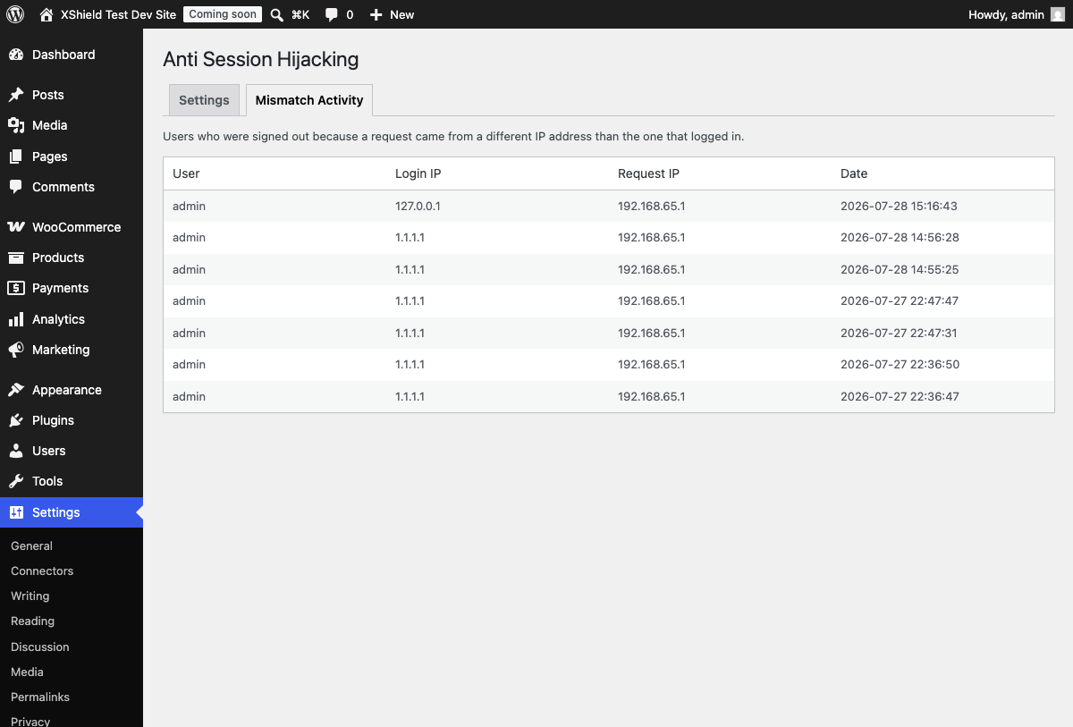 The Mismatch Activity log, showing each session that was ended, the IP it logged in from, and the IP that triggered the mismatch.