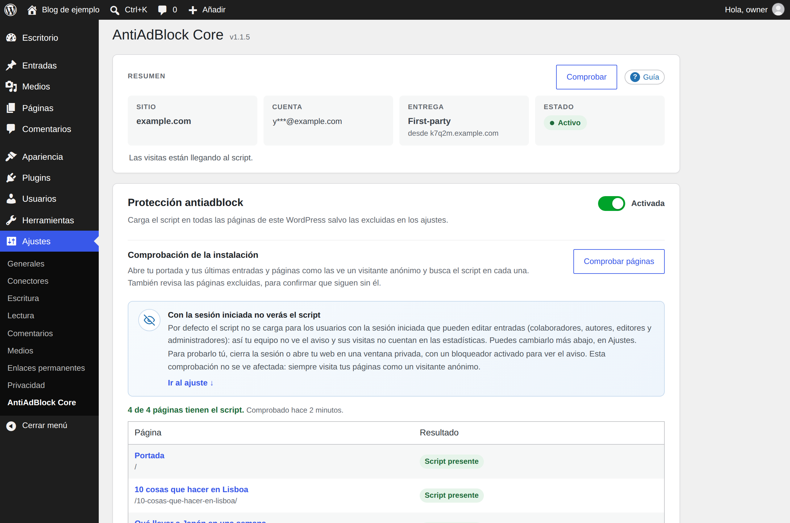 Settings page after connecting: overview (site, account, delivery, status), protection switch and installation check.