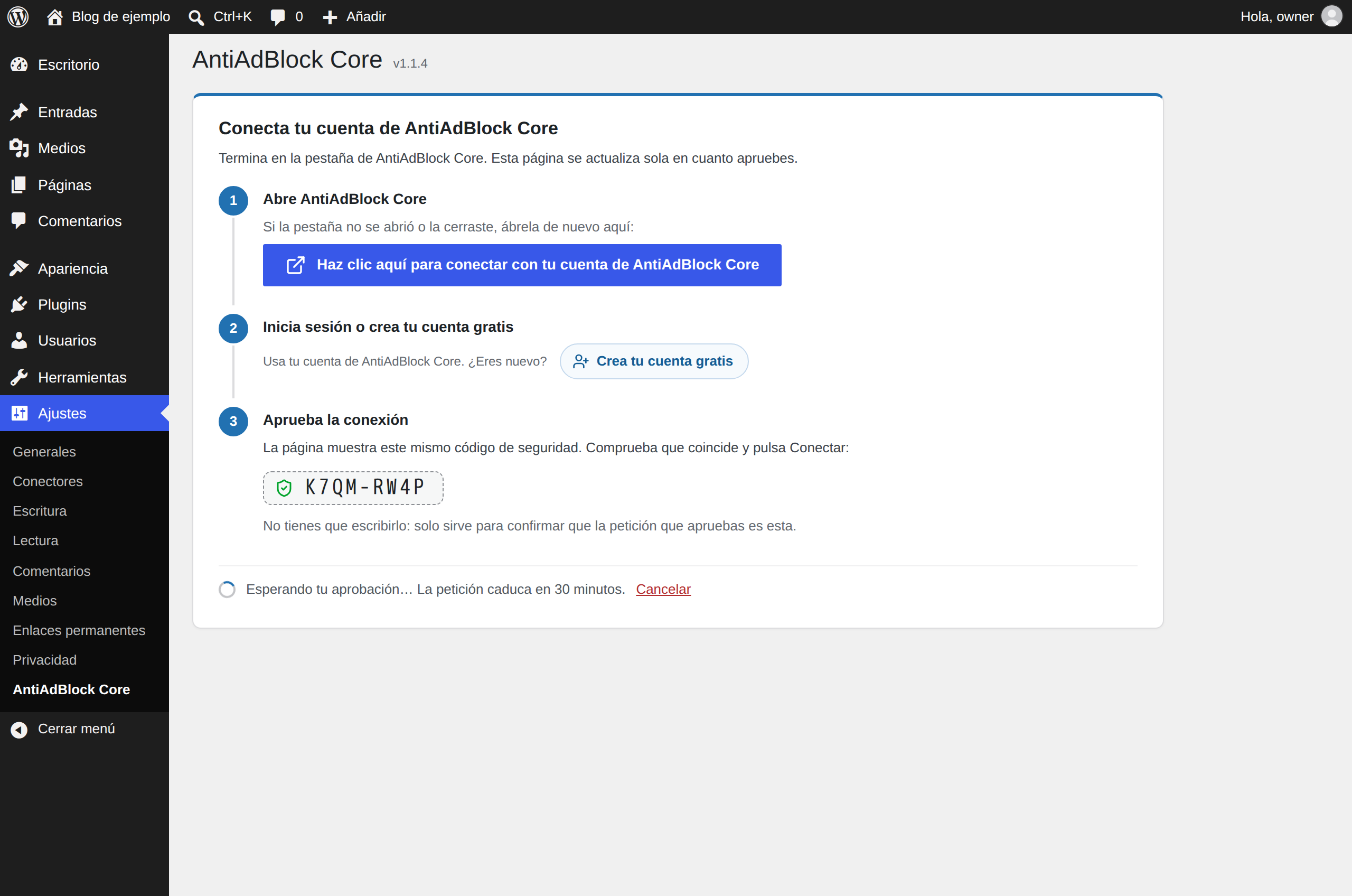 Connecting: the plugin opens your AntiAdBlock Core account in a new tab and waits for your approval, with the security code to check.