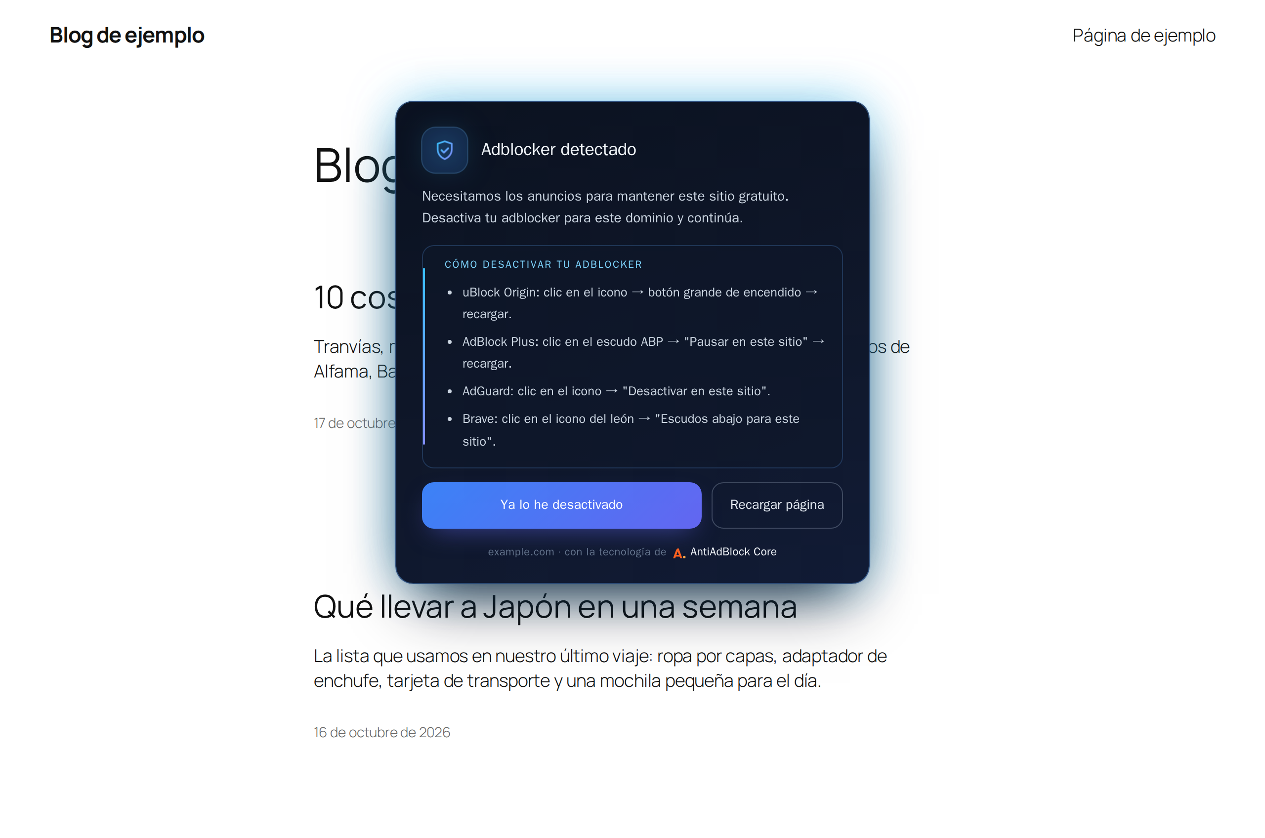 The anti-adblock message a visitor with an ad blocker sees.