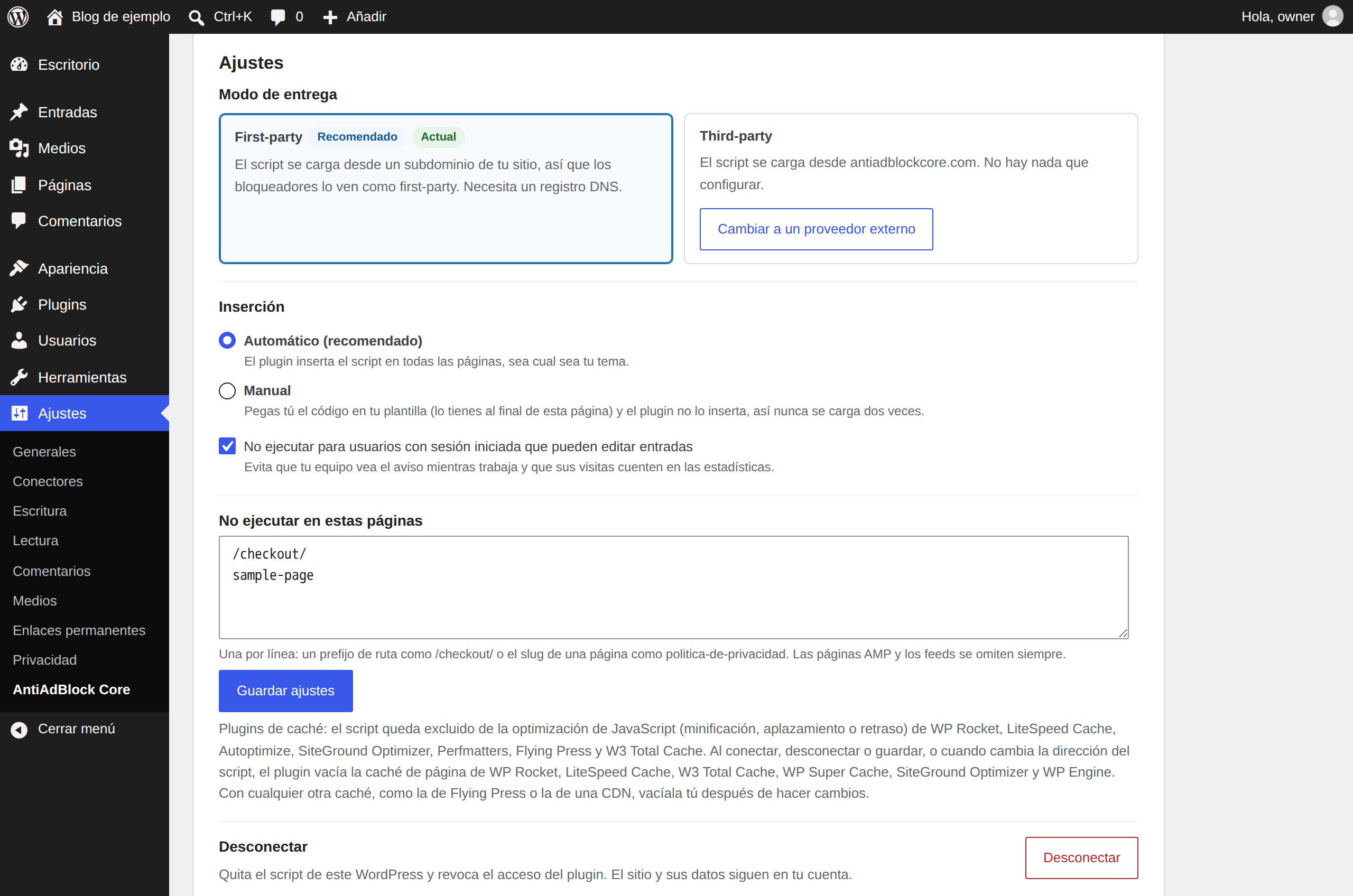 Settings: delivery mode (first-party or third-party), insertion, excluded users and pages.