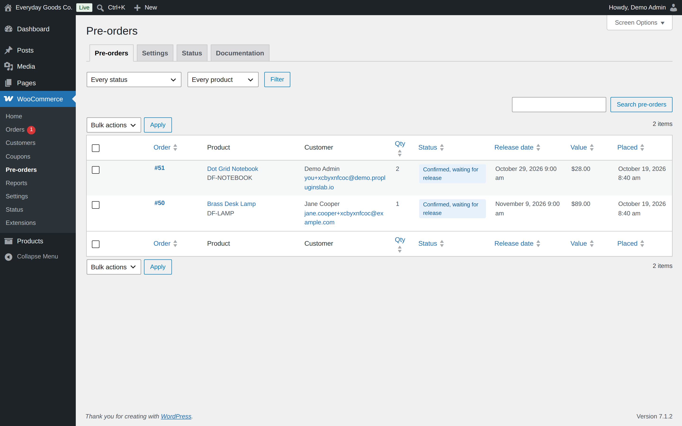 Each row shows the order, product, customer, quantity, pre-order status, release date, value and when it was placed.