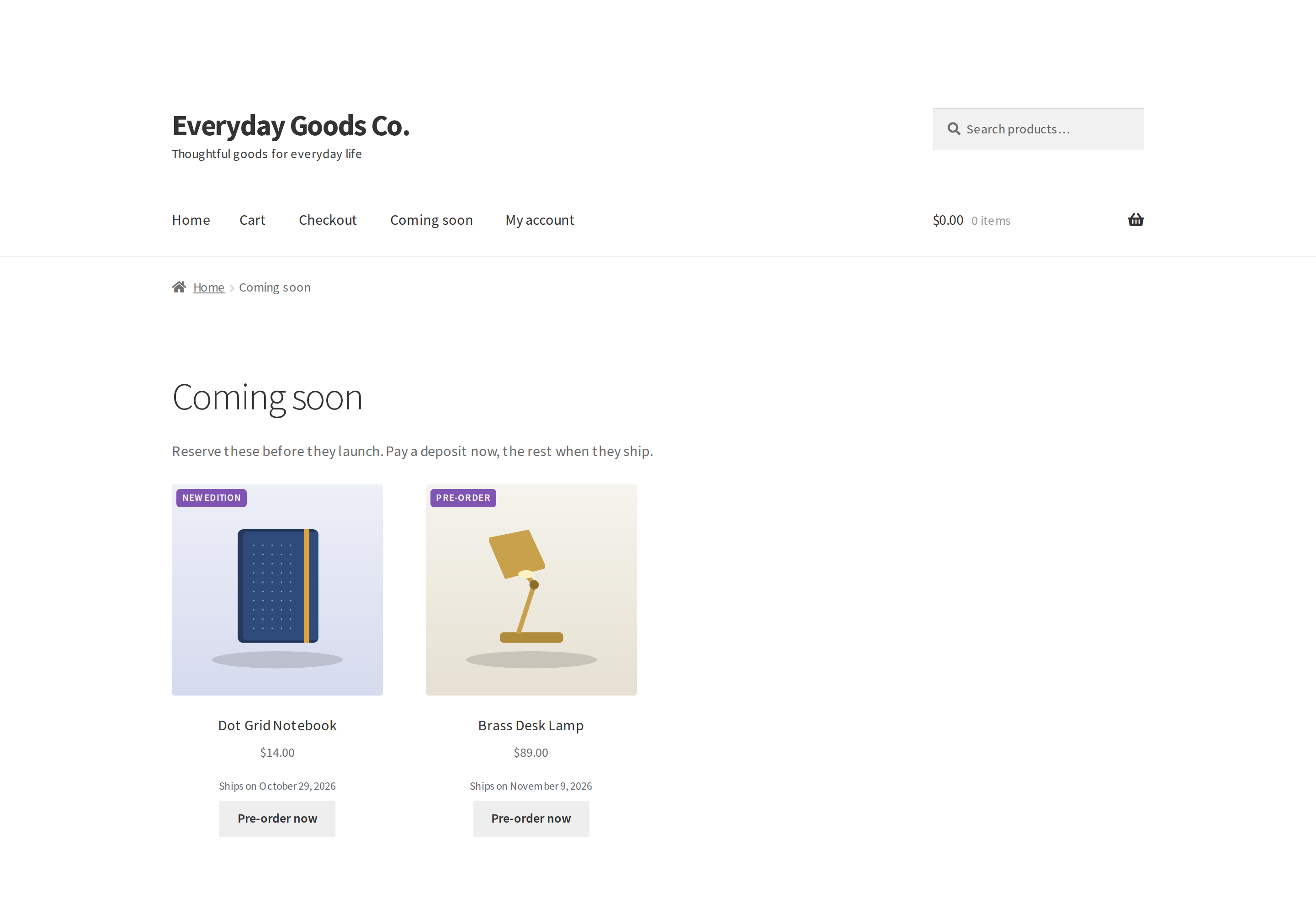A page using the shortcode. One product uses its own badge text instead of the store wide wording.