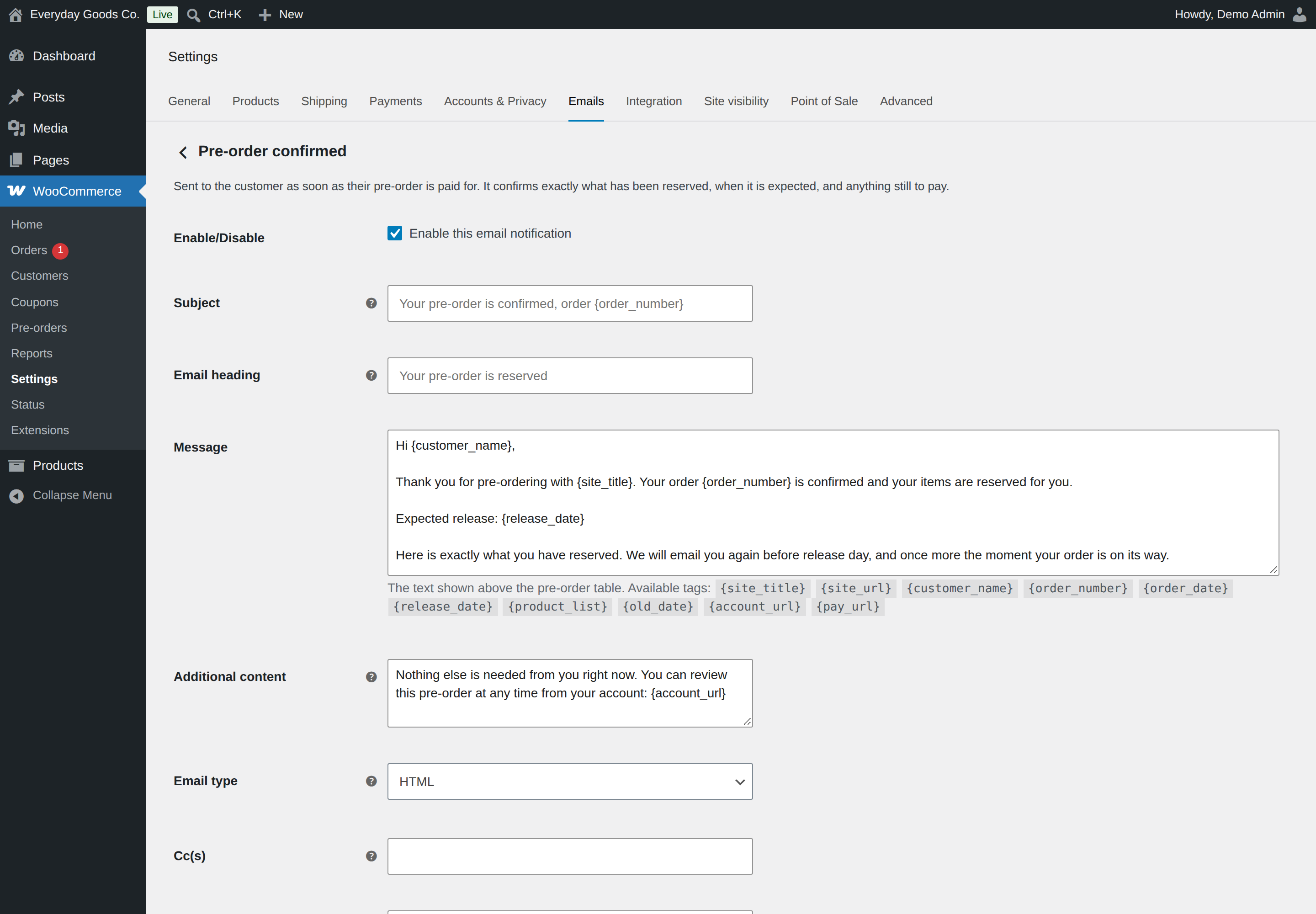 The preview shows how the confirmation looks to the customer. Use Send a test email to check it in your inbox.