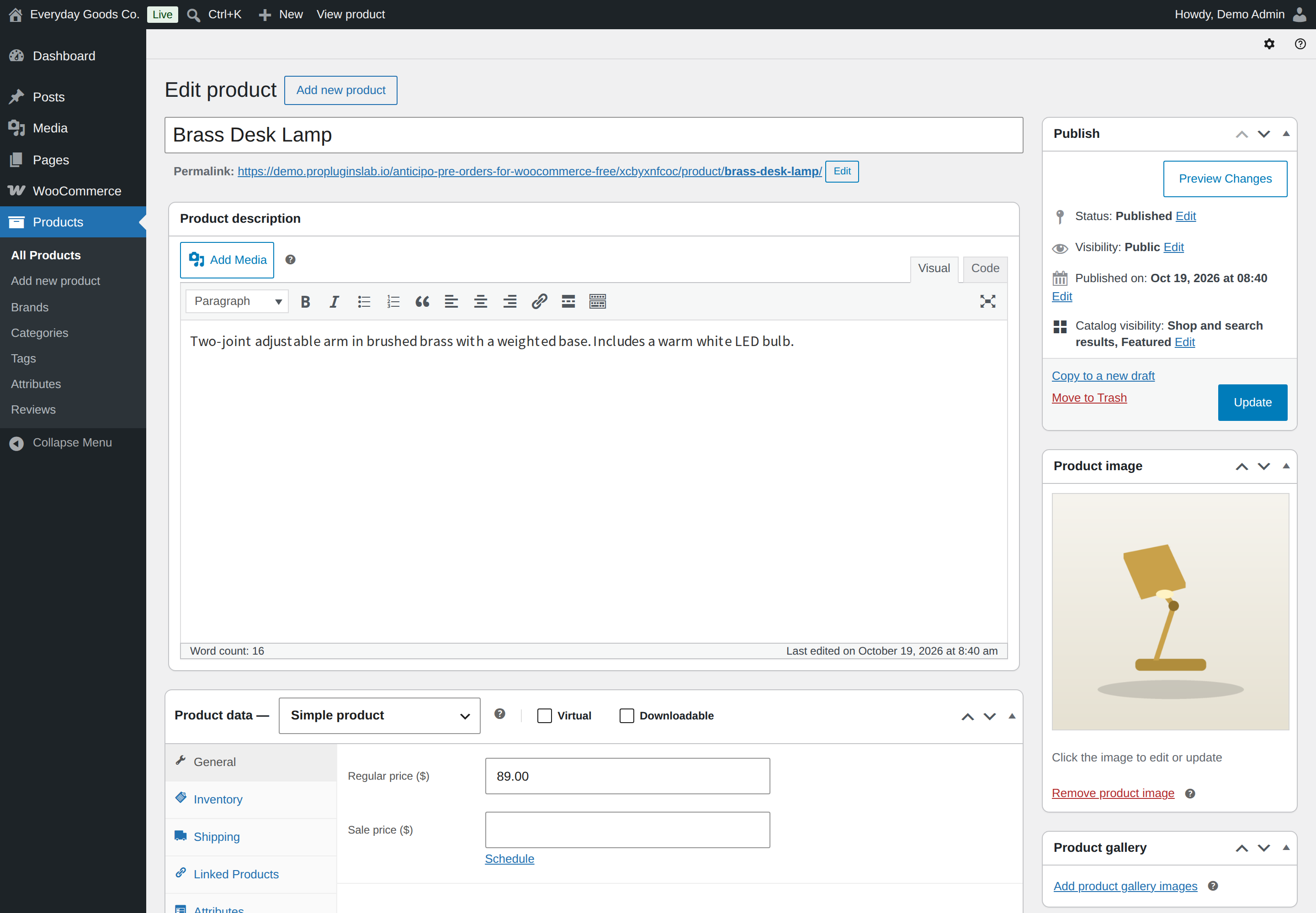The Pre-order tab sits in the Product data box, between Attributes and Advanced.