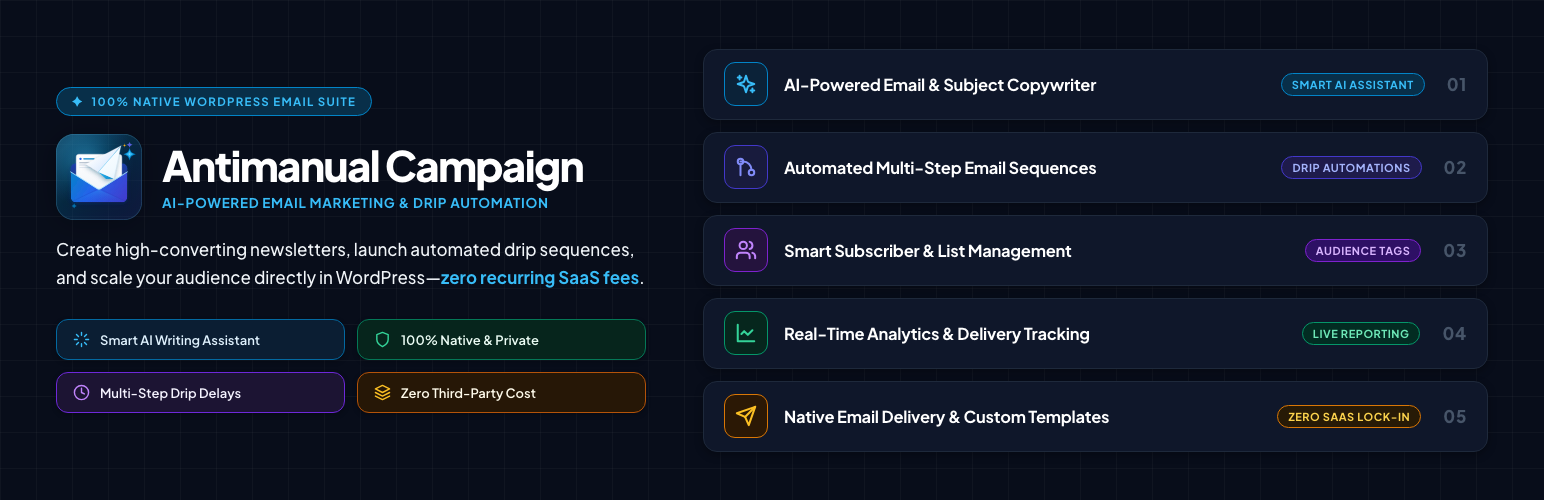 WordPress 外掛 Antimanual Campaign – AI powered email campaign and automation in WordPress 的封面圖片