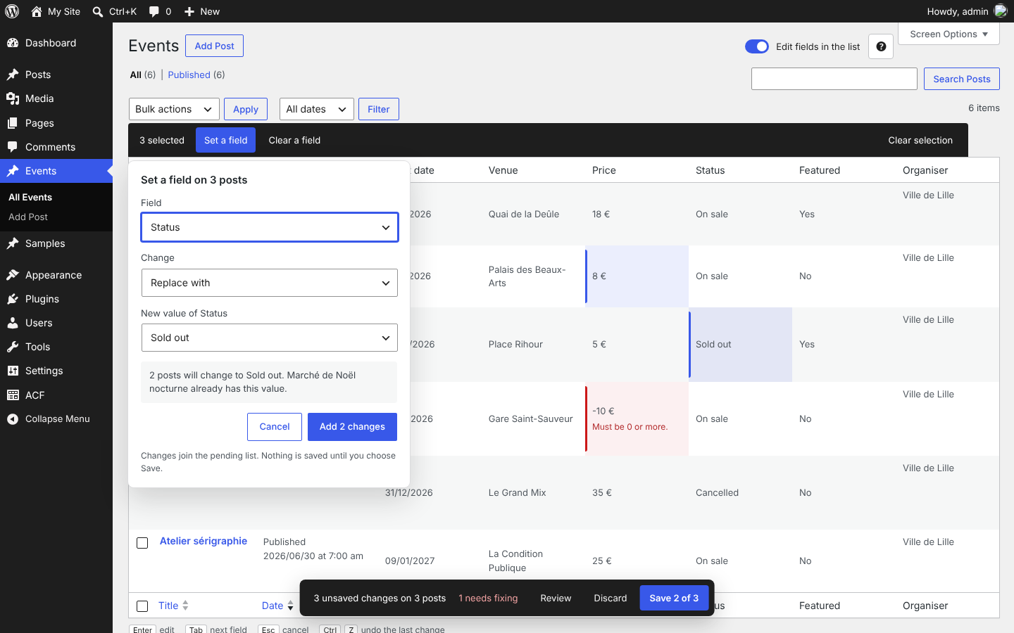 Set a field for a selection of posts, with a preview of what will change.