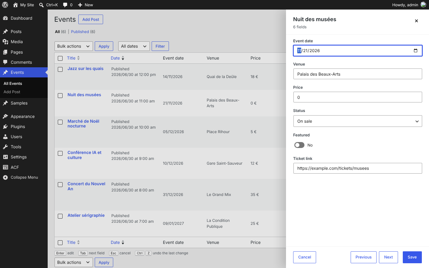 The side panel shows all the editable fields of a post, with Previous and Next.