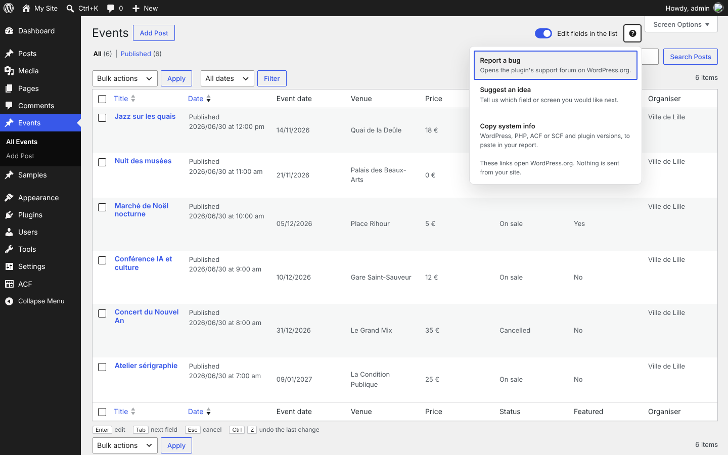 The help menu: report a bug, suggest an idea, or copy your system info.