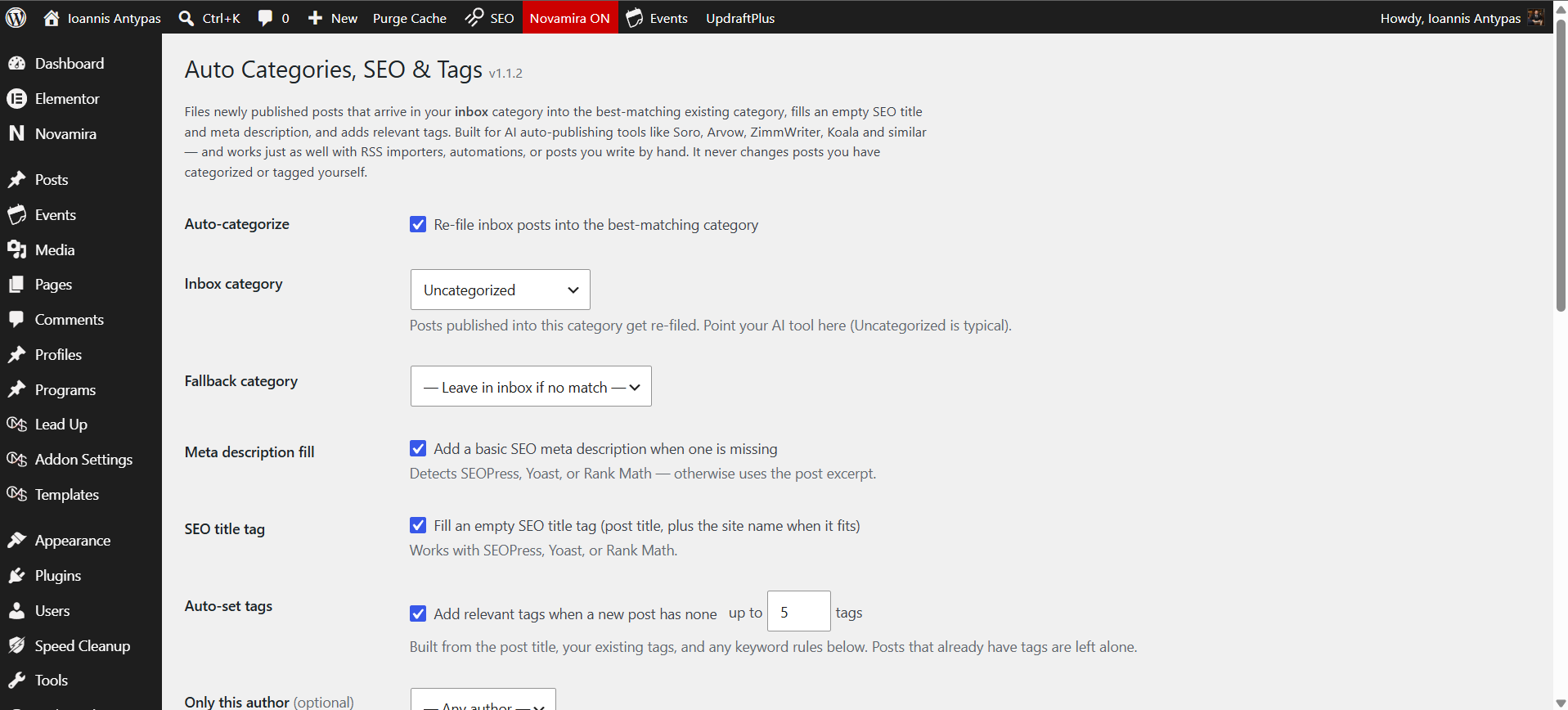 The settings screen (Settings > Auto Cat, SEO & Tags) - choose your inbox category, turn on auto-categorization, SEO title and meta description fill, and tagging, set the maximum number of tags, optionally scope to a single author, and add keyword rules.