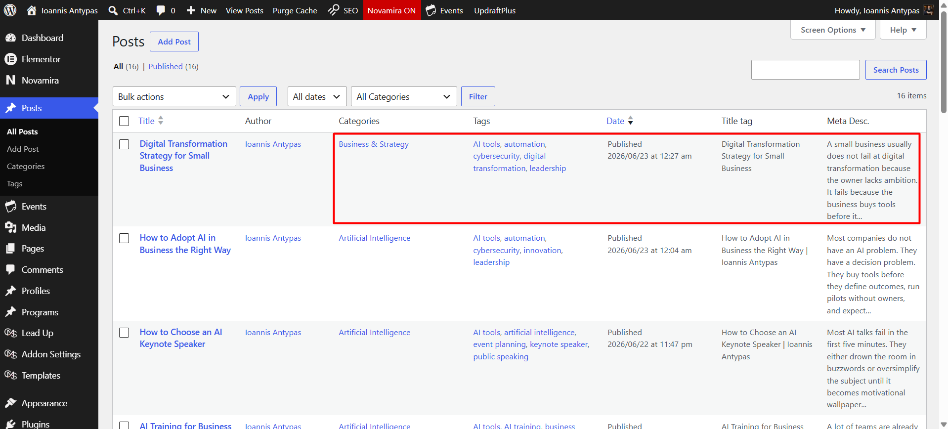 A post processed automatically on publish - filed into the best-matching category, with relevant tags added and the SEO title and meta description filled in.