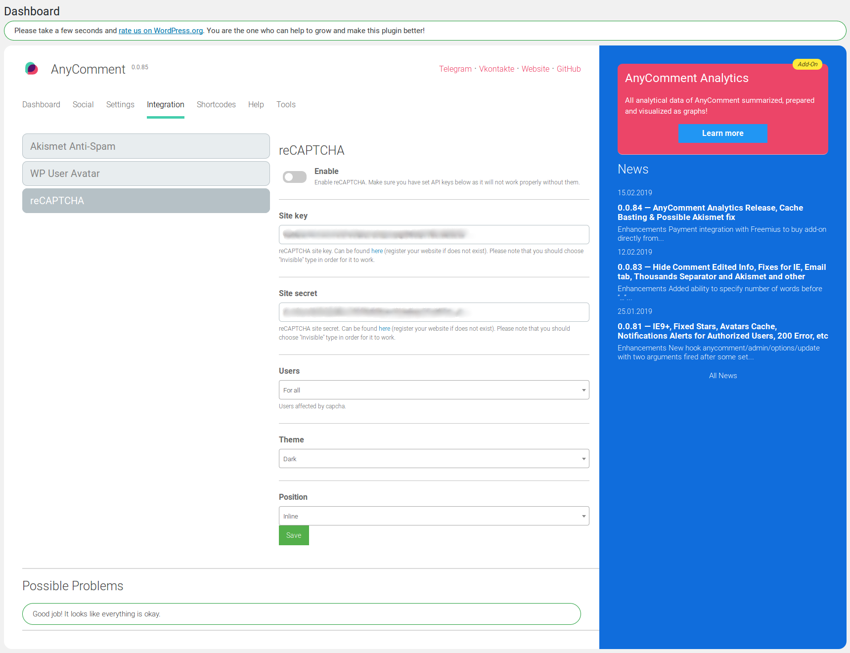 "Integration" tab. Ability to control different integrations, such as Akismet, reCAPTCHA.