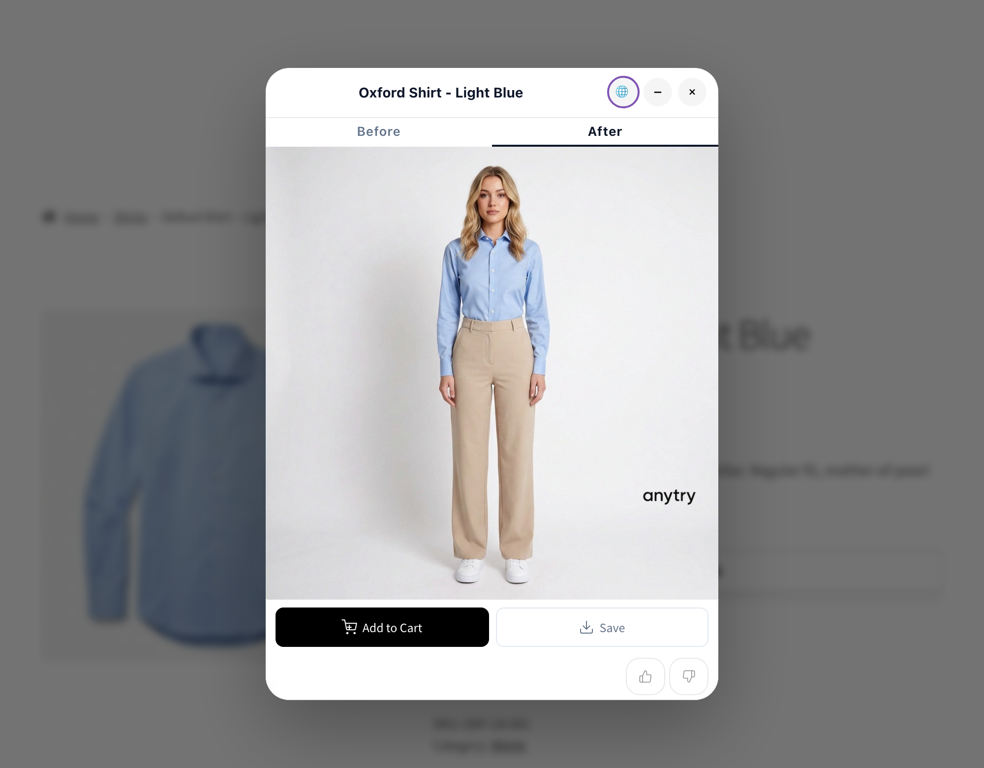 Virtual try-on modal — customer uploads photo and sees AI-generated result.