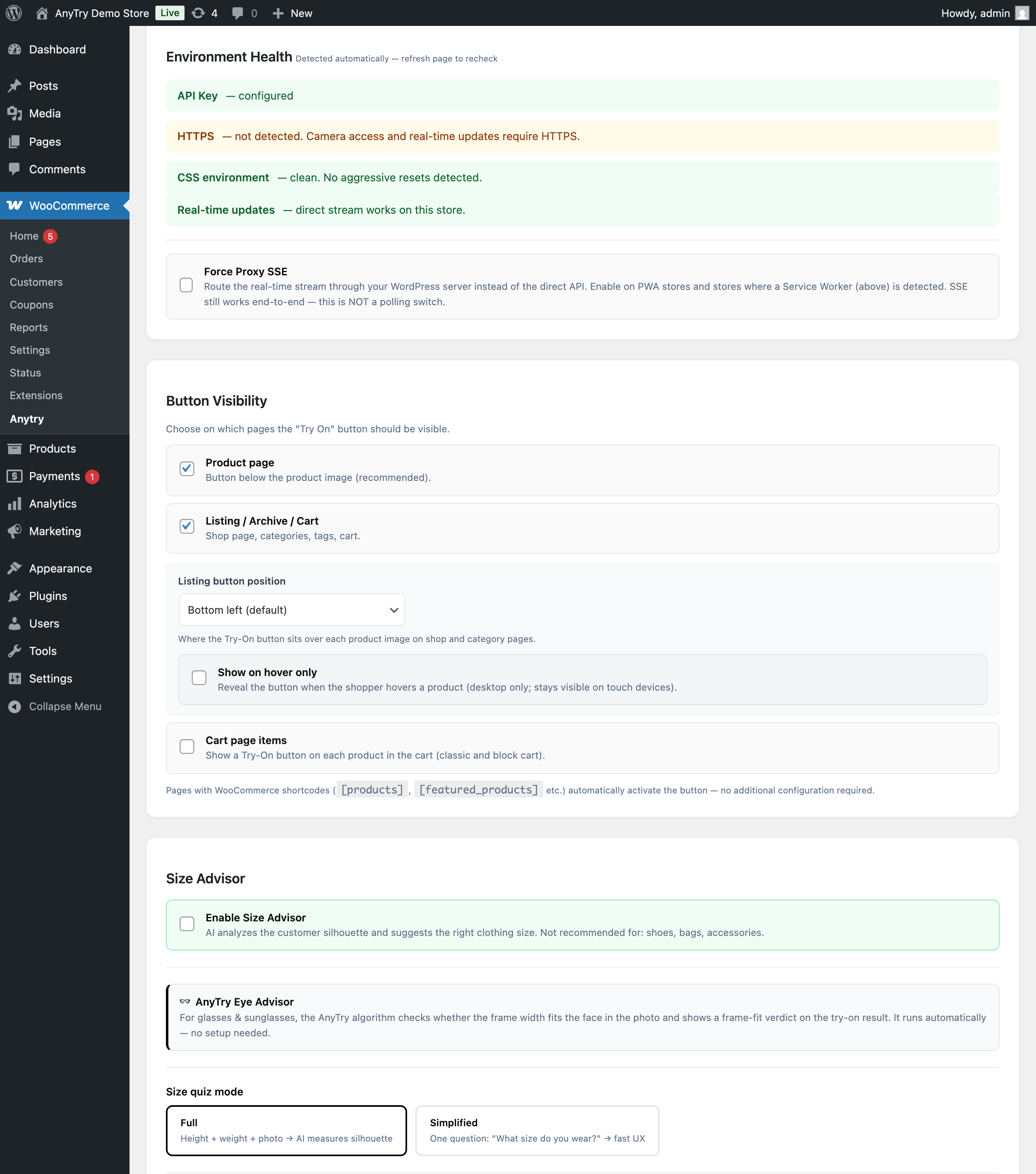 Admin settings panel — configure API key, button style, and size advisor.