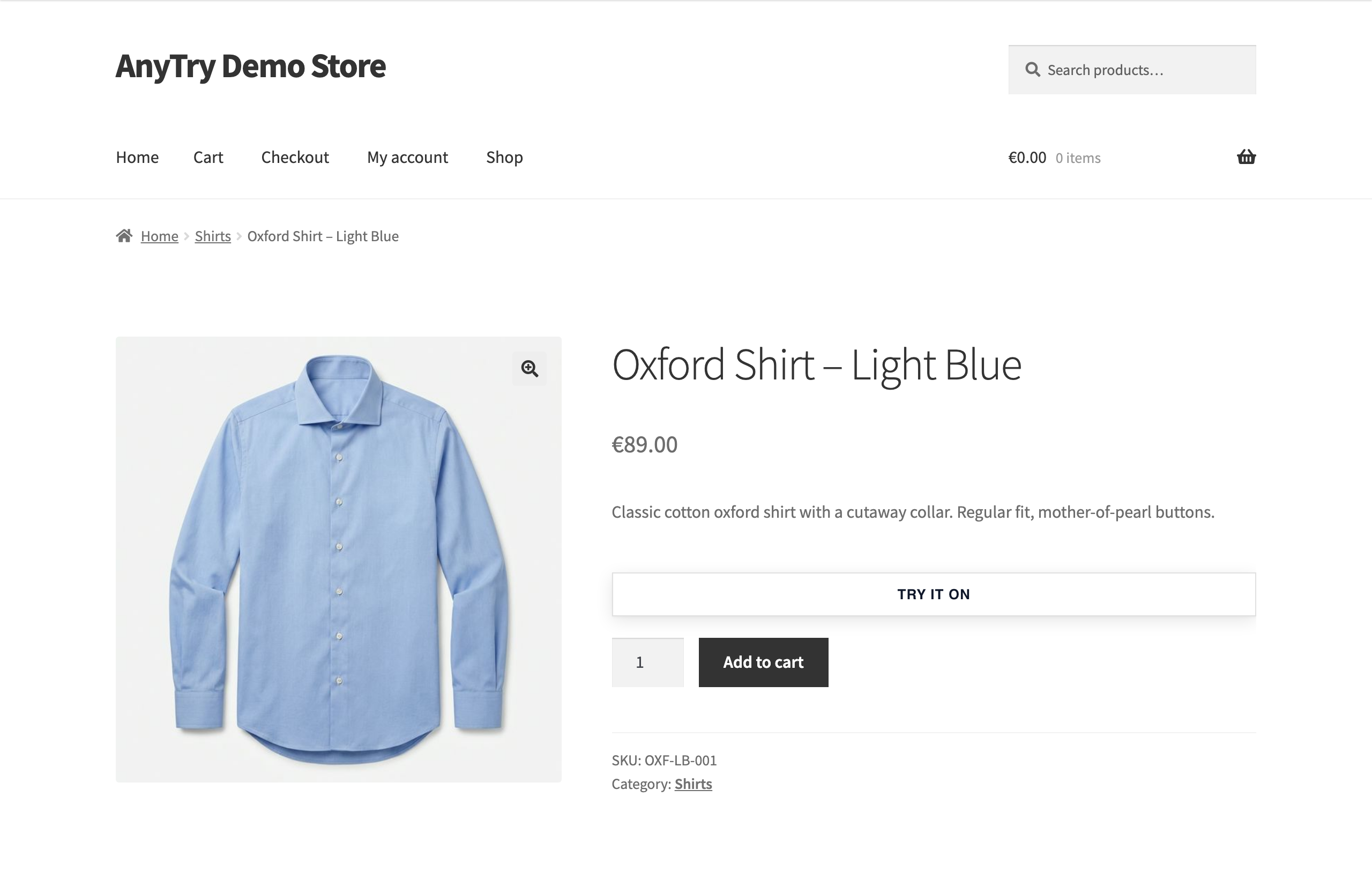Product page — "Try On" button integrated with WooCommerce product layout.