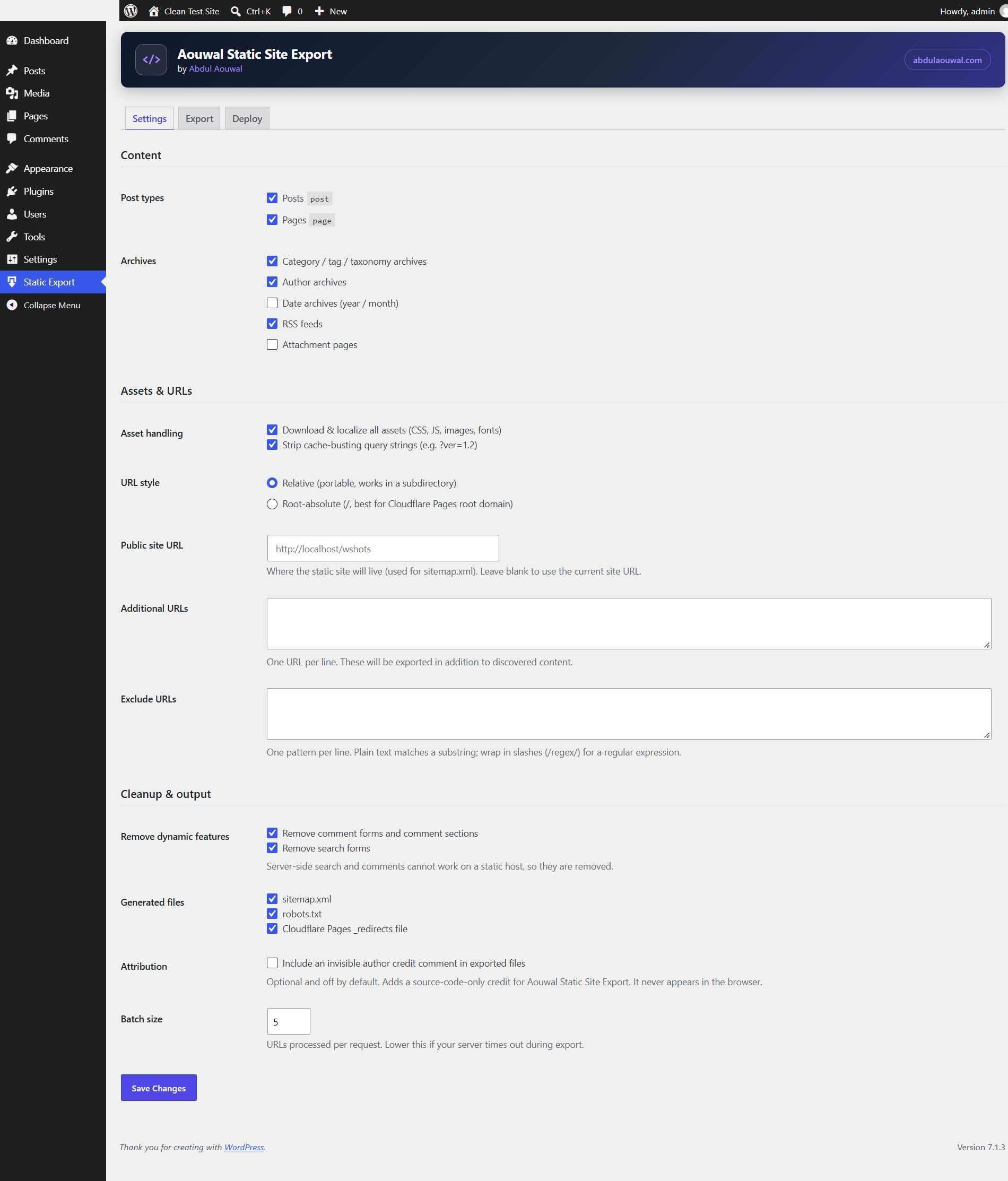 Configure what to export: post types, archives, asset handling, URL style, cleanup options and generated files.