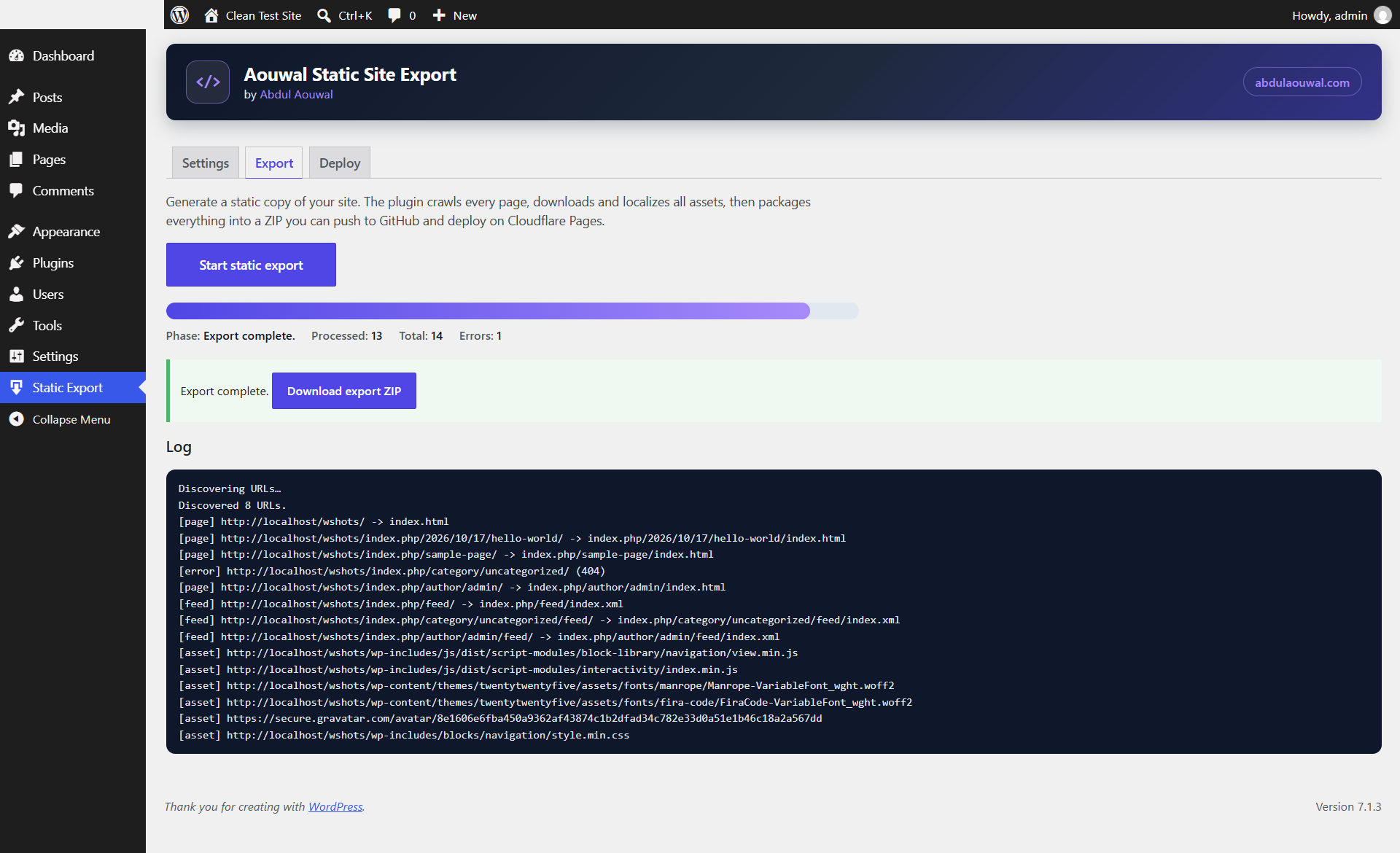 Run the export and follow the live progress log, then download the finished ZIP.
