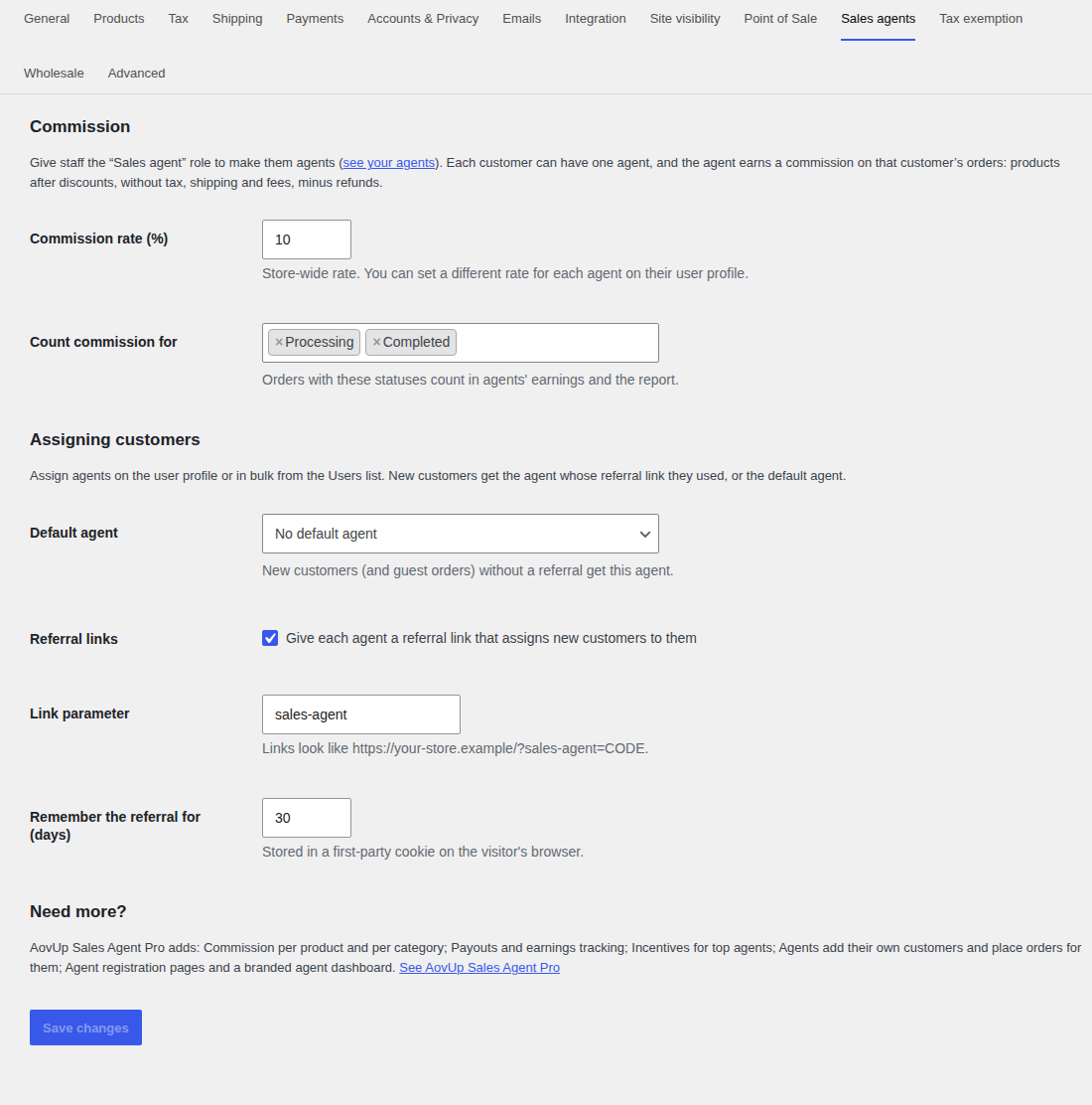 Settings: commission rate, statuses that count, default agent and referral links.