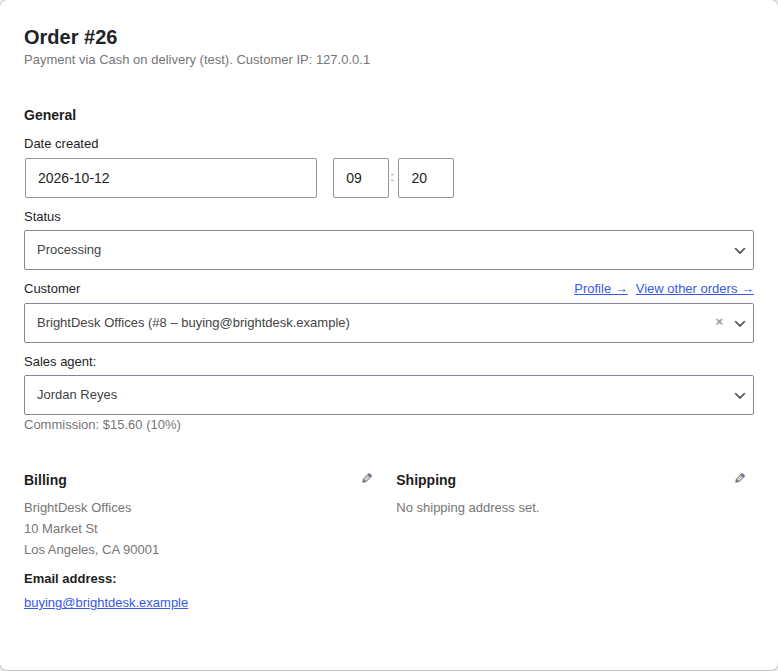 The sales agent and commission on the order screen.