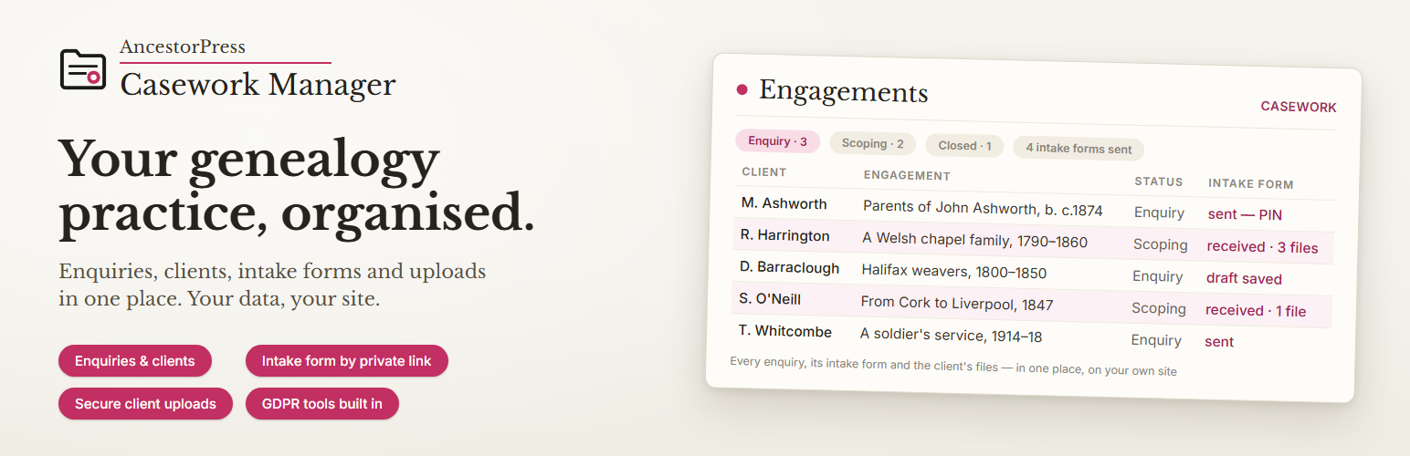 WordPress 外掛 AP Casework Manager – Client Management for Genealogists 的封面圖片
