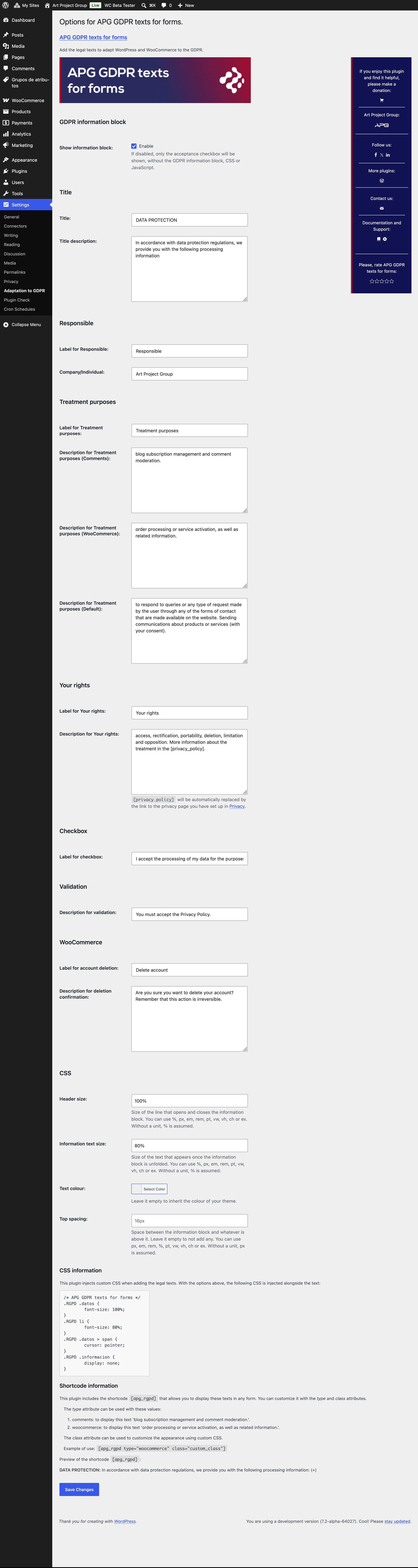 Screenshot of APG GDPR texts for forms.