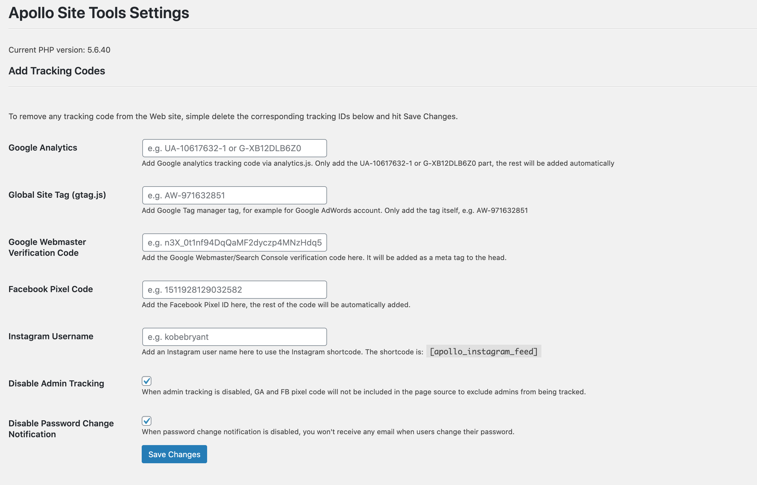 Main settings page