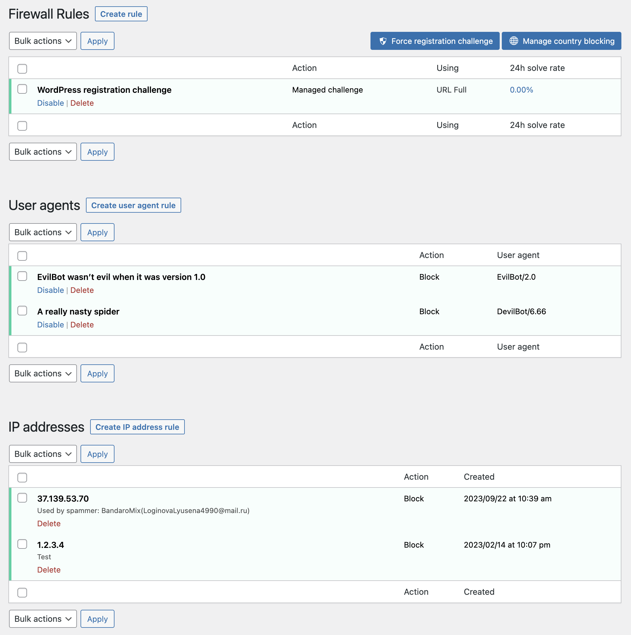 Cloudflare Firewall Rules, User Agent Rules and IP Address Rules are viewable within WordPress (the Pro version allows editing/creating/deleting as well).