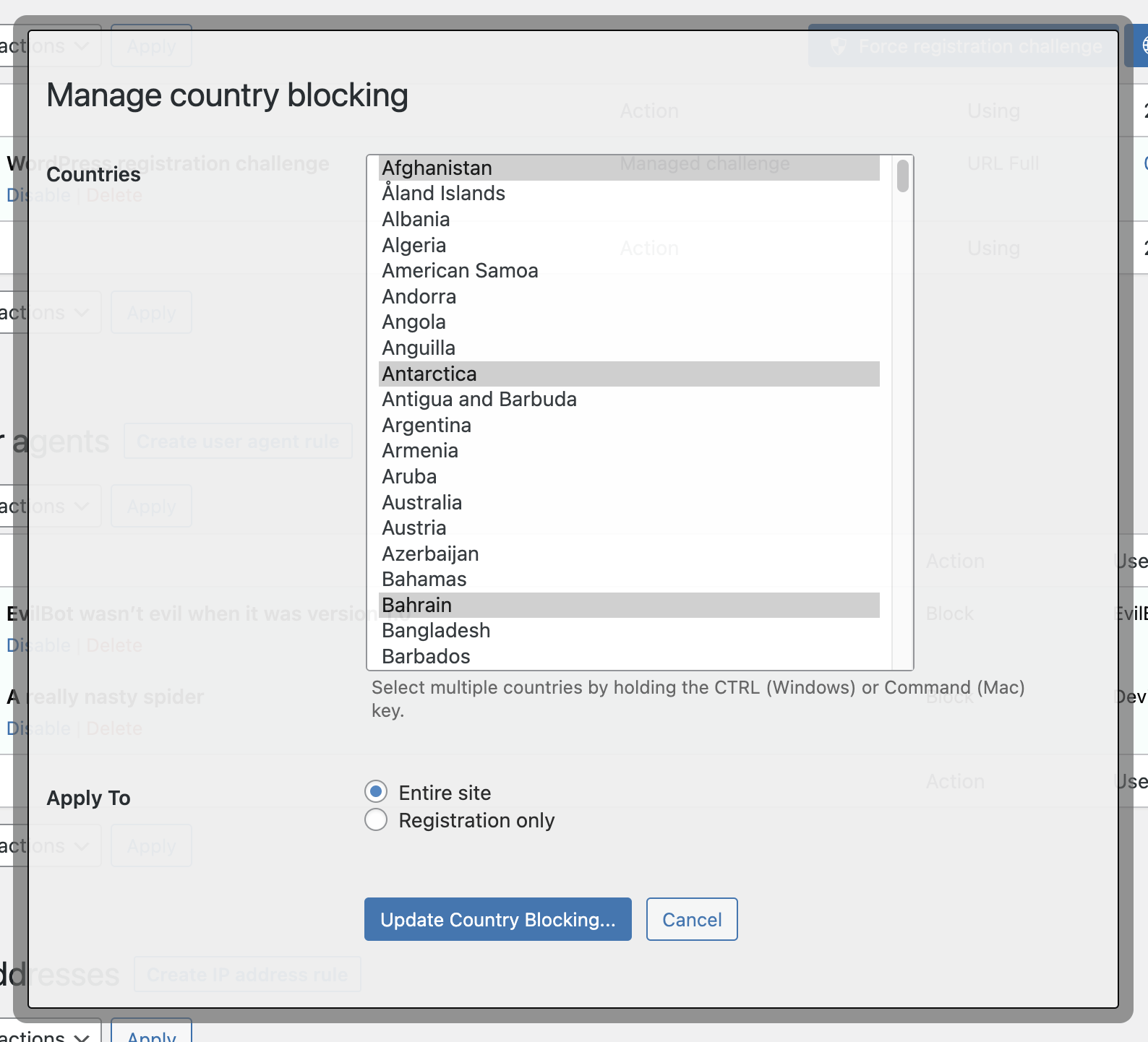 An easy interface to block traffic by country before the request gets to your server.