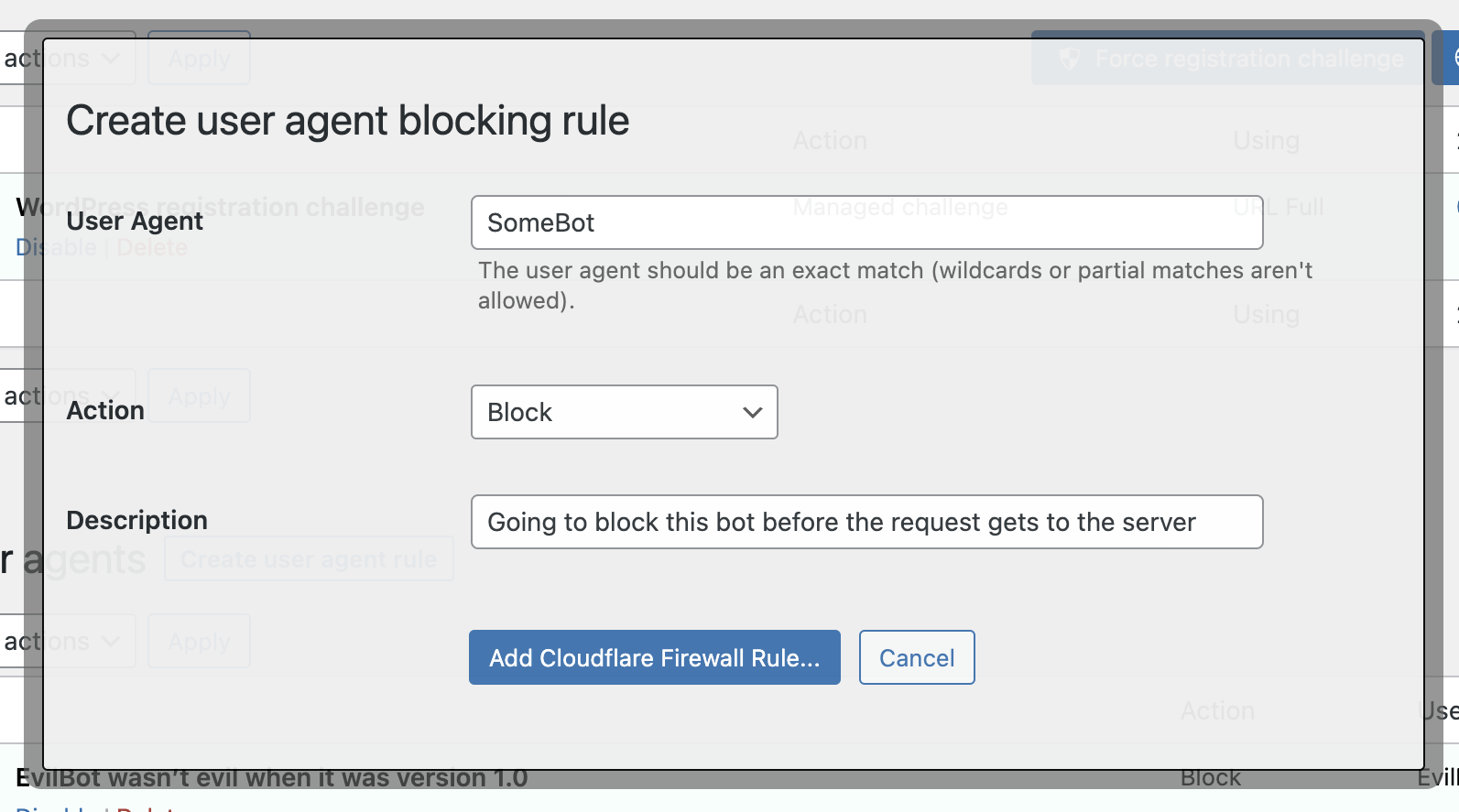 Create User Agent Rule from within WordPress (Pro version).