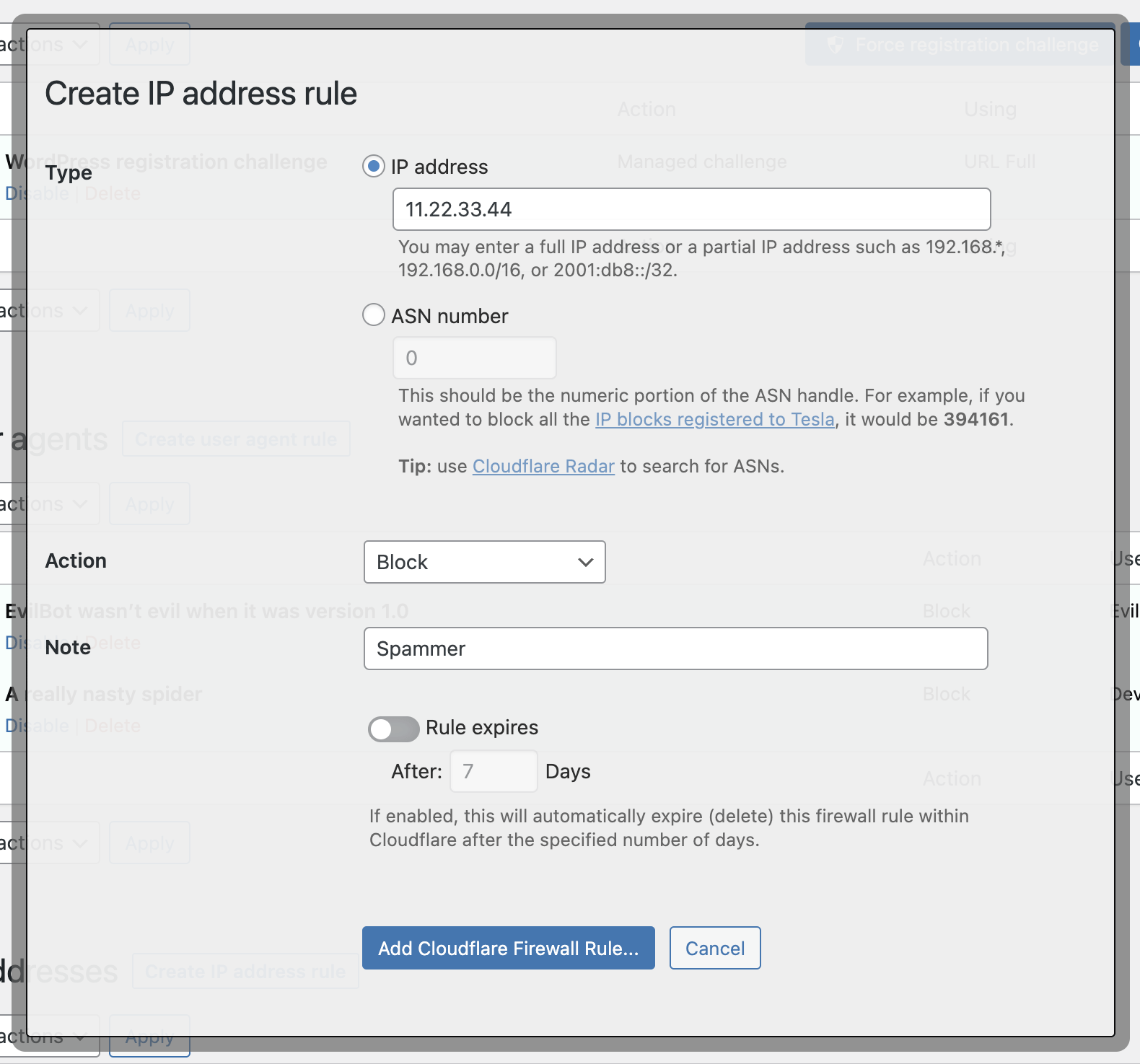 Create IP Address Rule from within WordPress (Pro version).