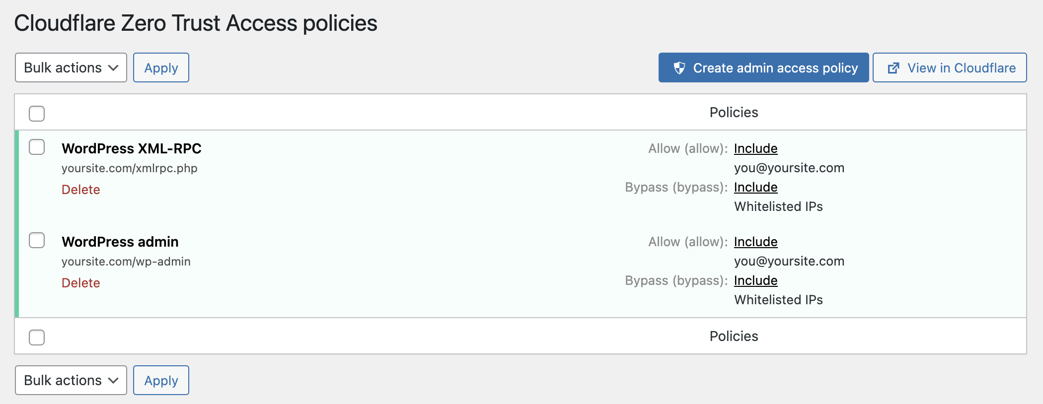 Zero-Trust Access policies are viewable within WordPress (the Pro version allows simple auto-configuration to protect your WordPress admin area).