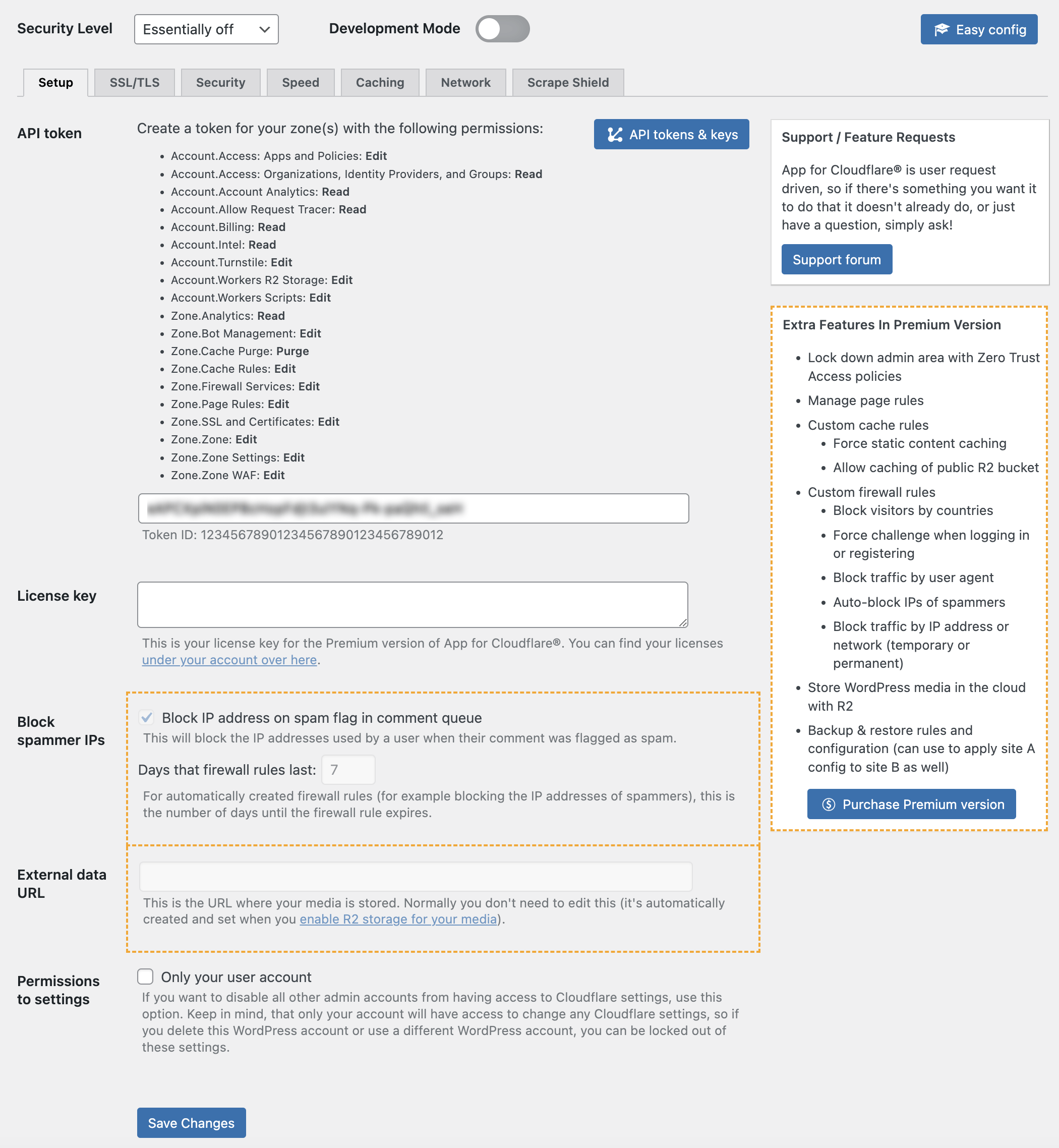 Setup allows you to enter your Cloudflare API token with the minimum permissions required.