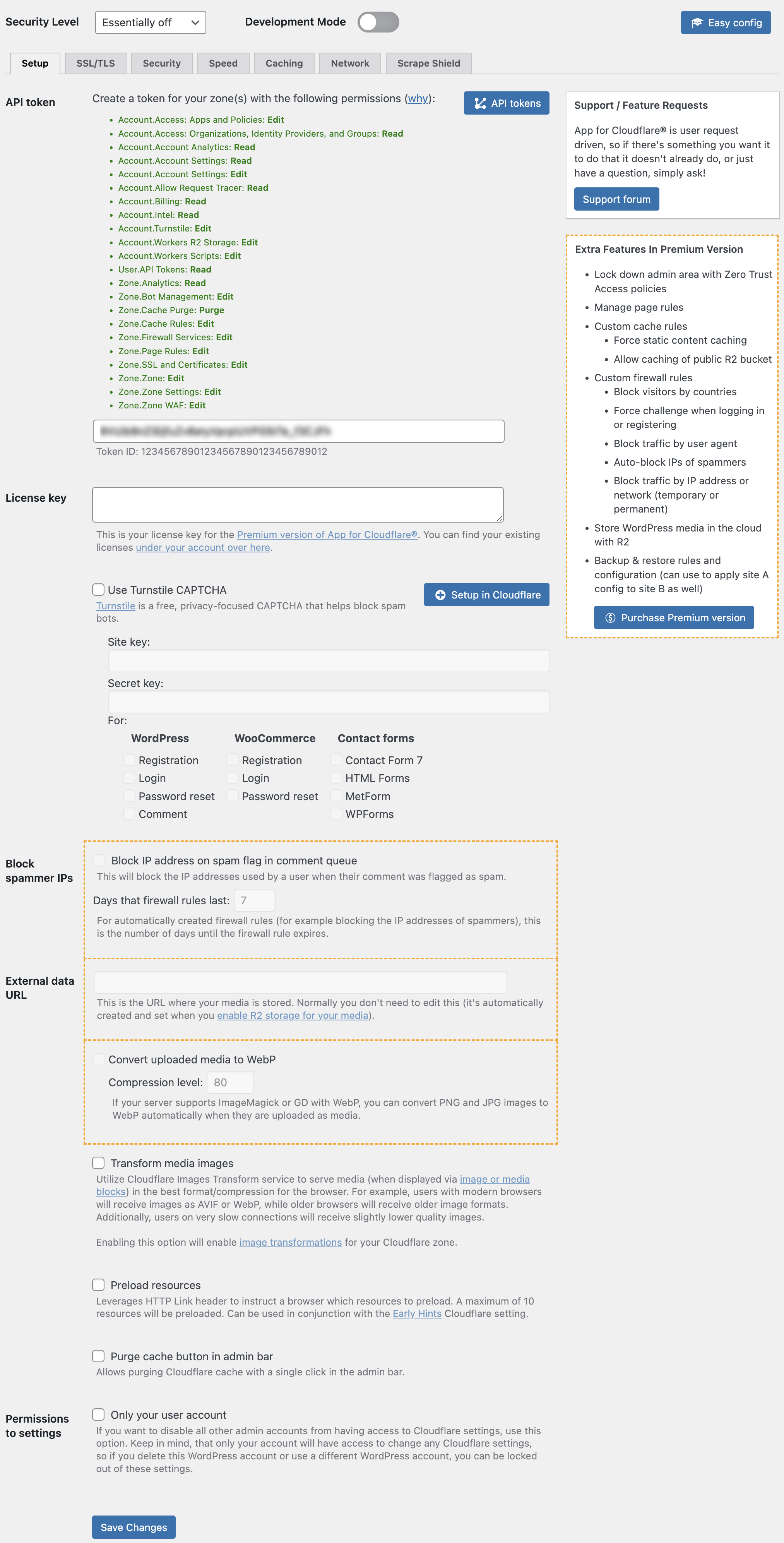Setup allows you to enter your Cloudflare API token with the minimum permissions required.