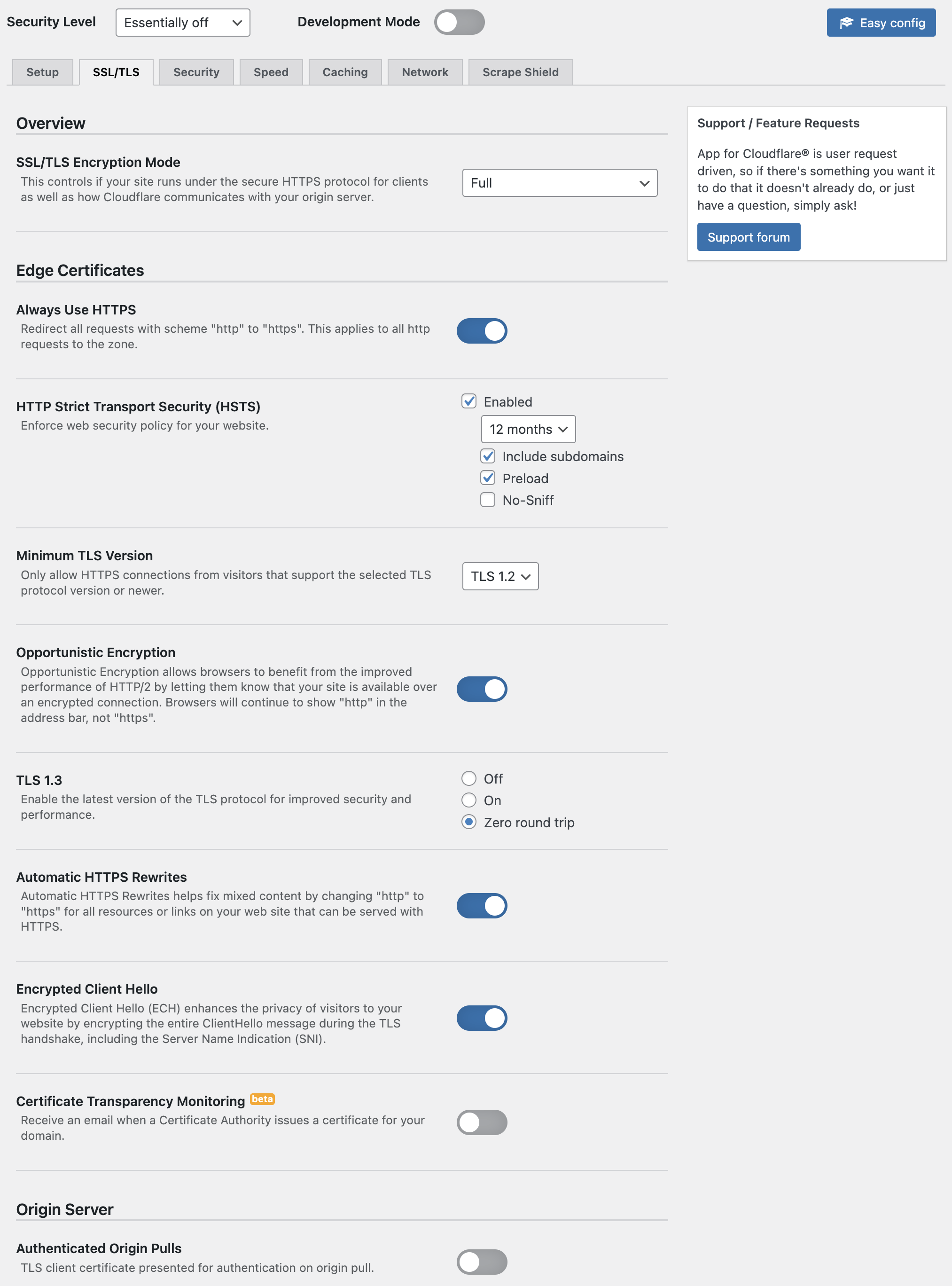 Control Cloudflare zone settings (SSL/TLS options shown here).