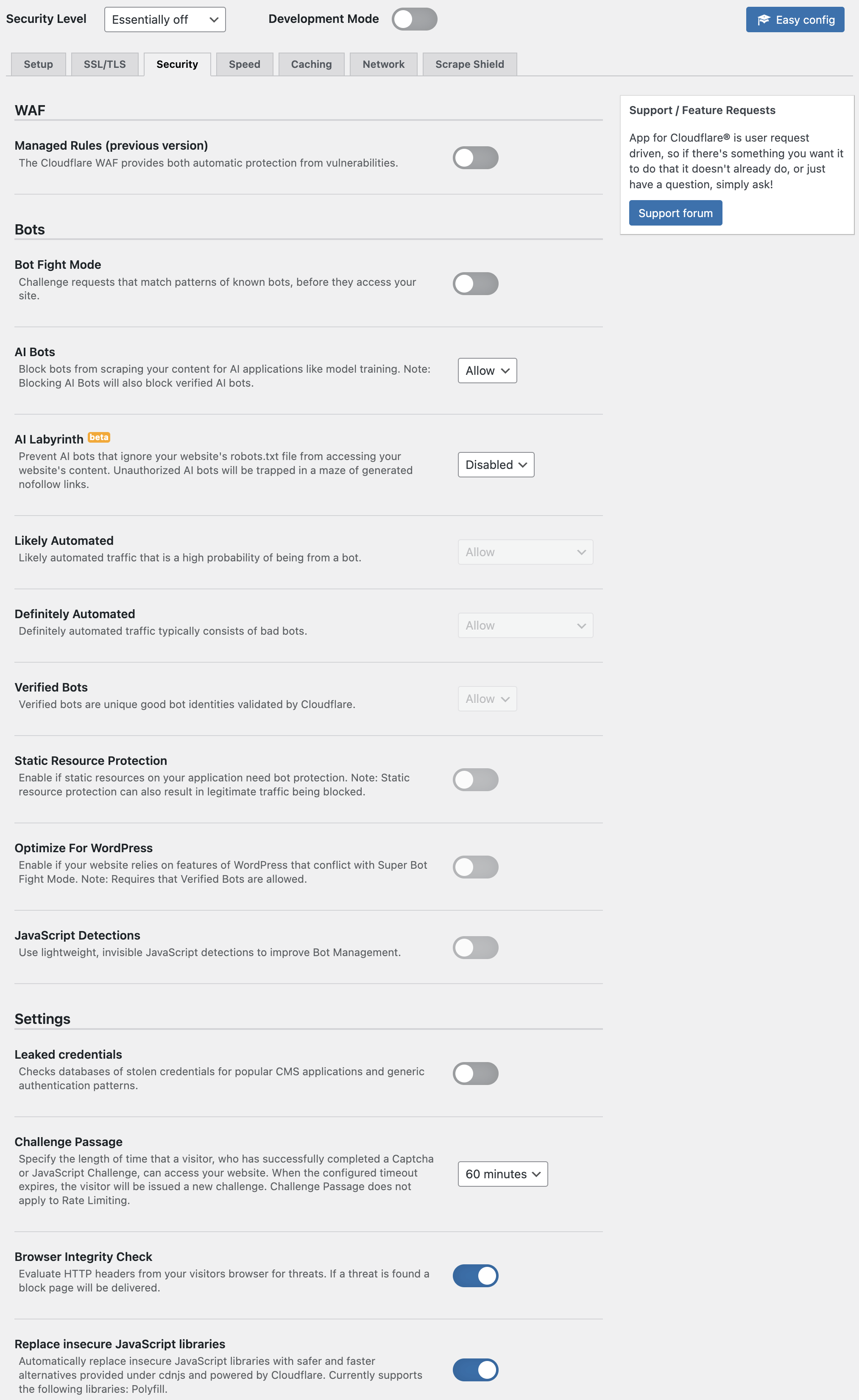 Control Cloudflare zone settings (Security options shown here).