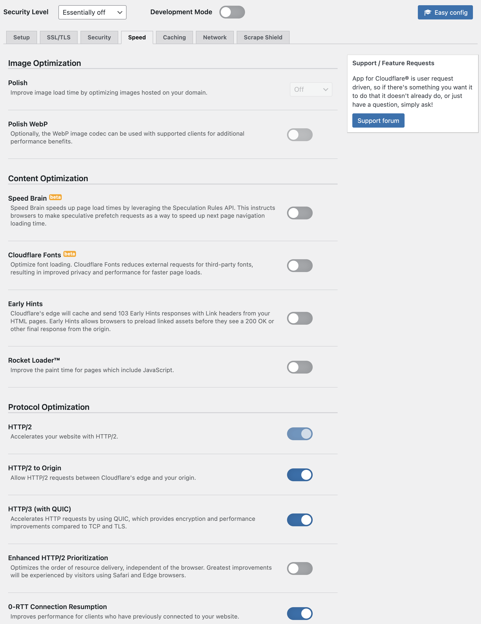 Control Cloudflare zone settings (Speed options shown here).