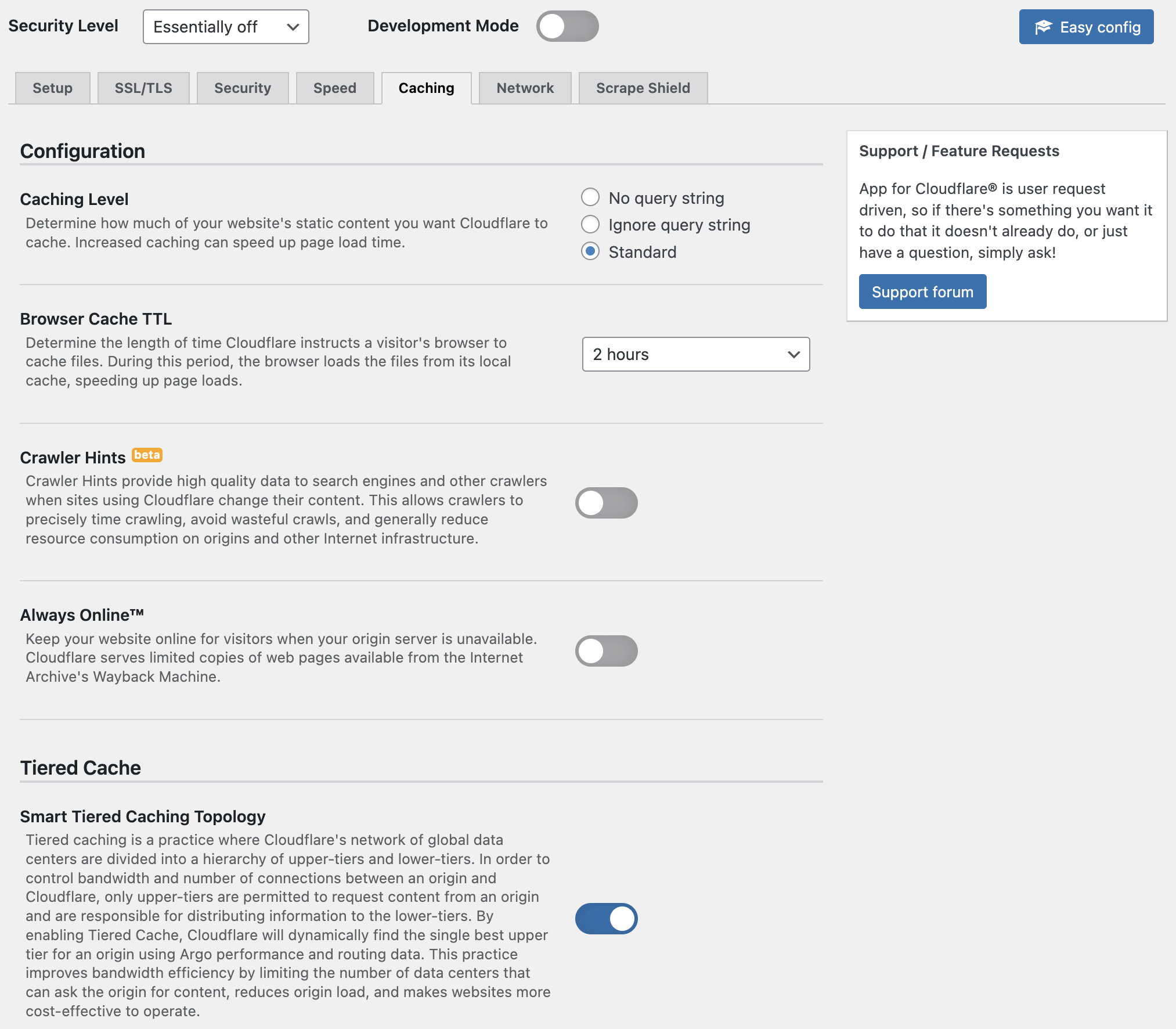 Control Cloudflare zone settings (Caching options shown here).